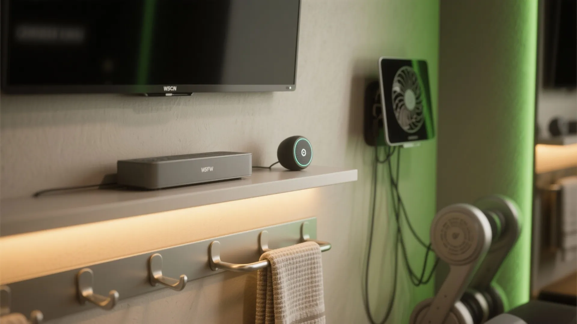 Wall shelf with speaker and smart device featuring under shelf lighting above hooks for towels