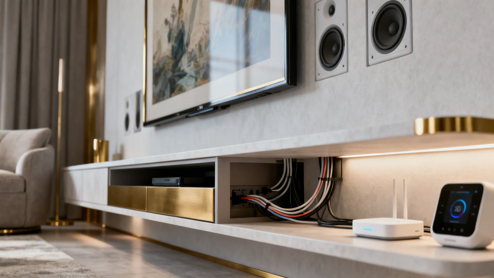 Recessed media cabinet and hidden TV behind artwork, showing tidy cable management.