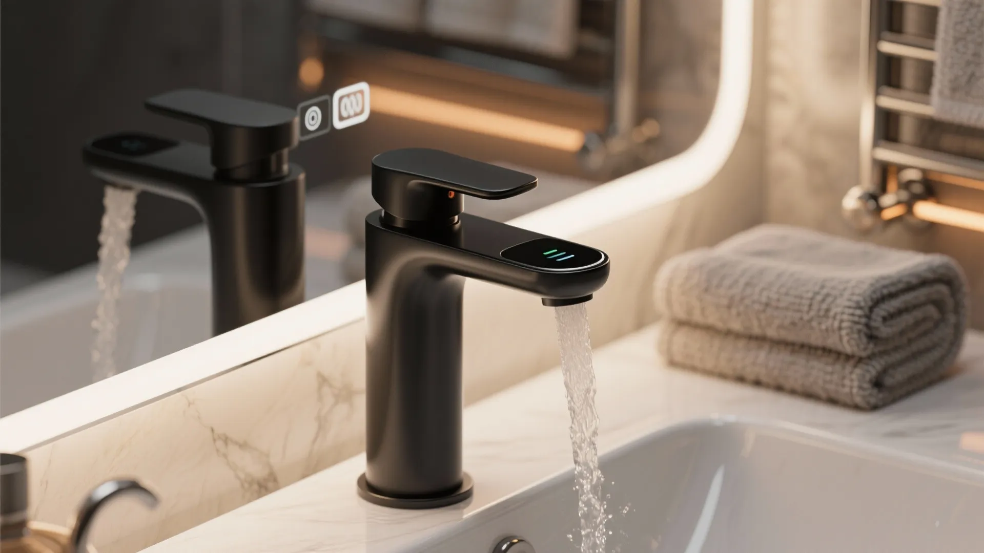 Close-up of a matte black smart faucet, fog-free mirror reflection and a heated towel rail with warm lighting.