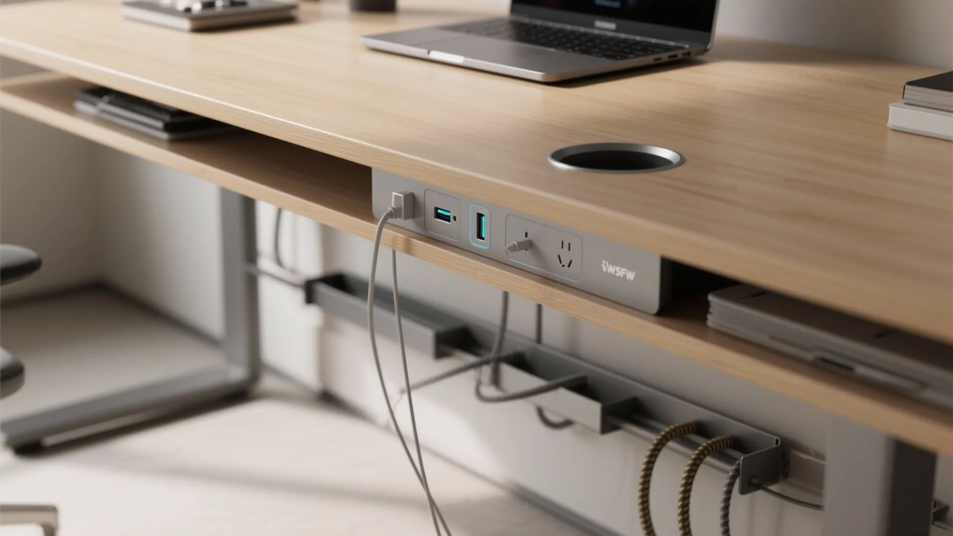 Built-in storage and tech management to keep surfaces clear