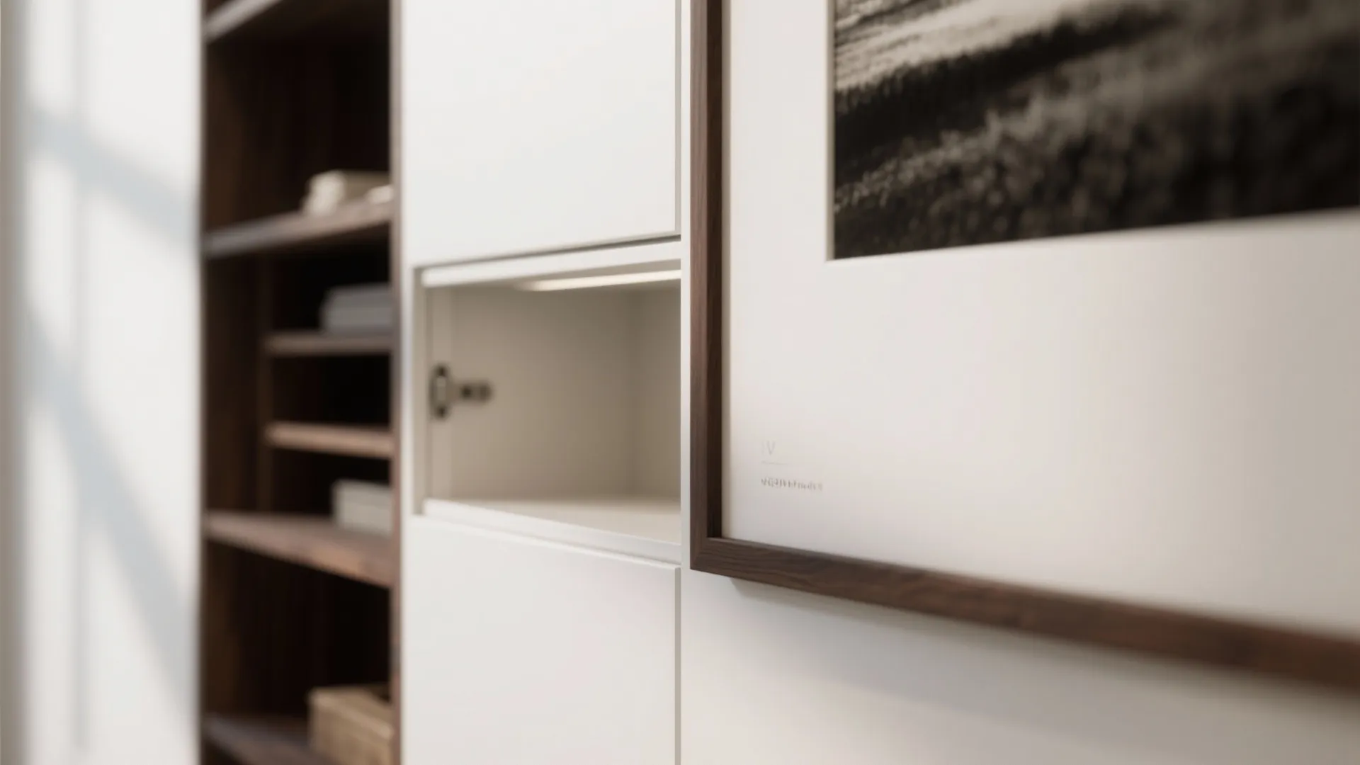 Close up view of white wall cabinet with wood frame and a small hidden shelf