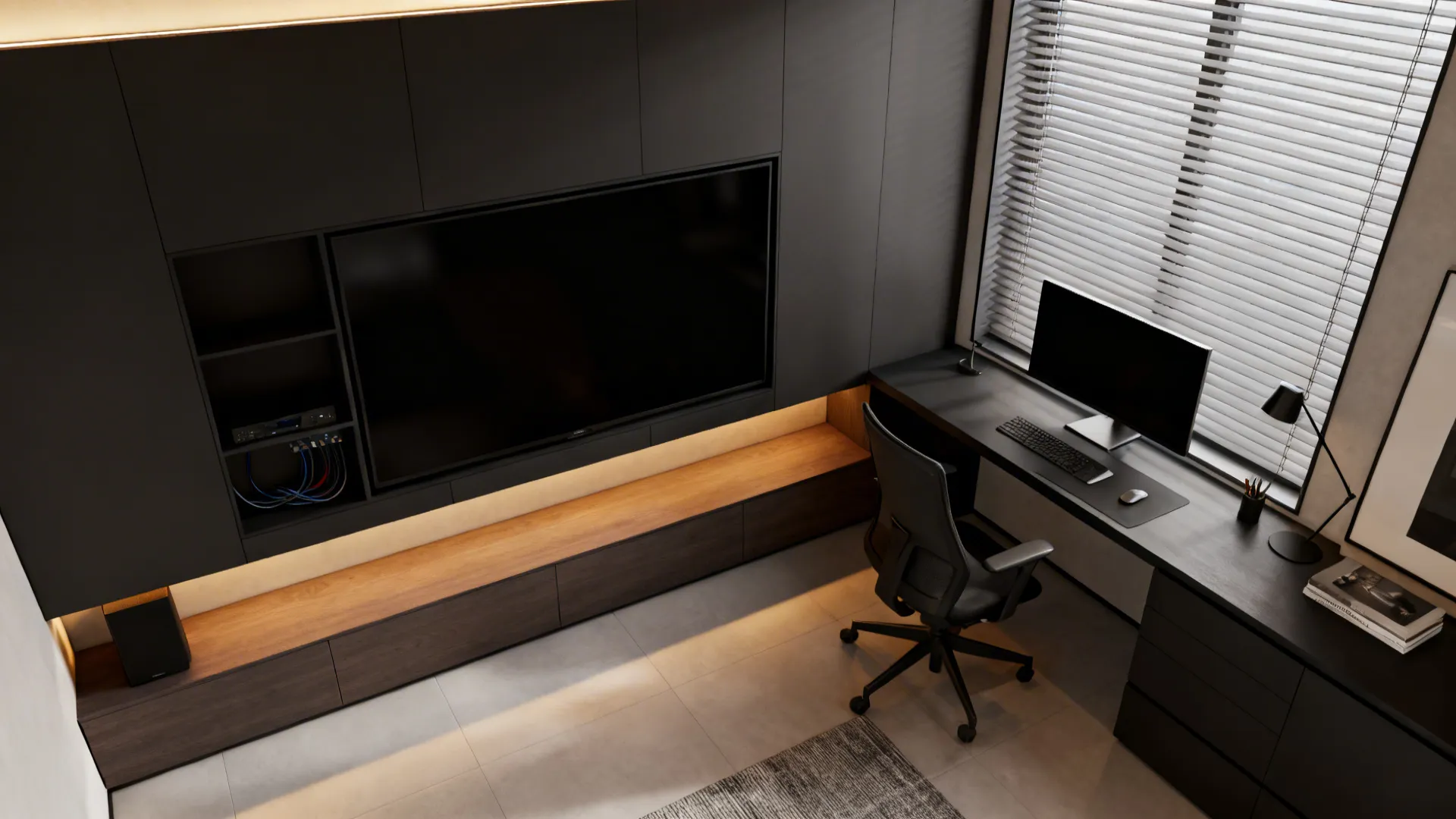 Minimal tech-integrated media hub living room with concealed AV and compact office corner, shown top-down.