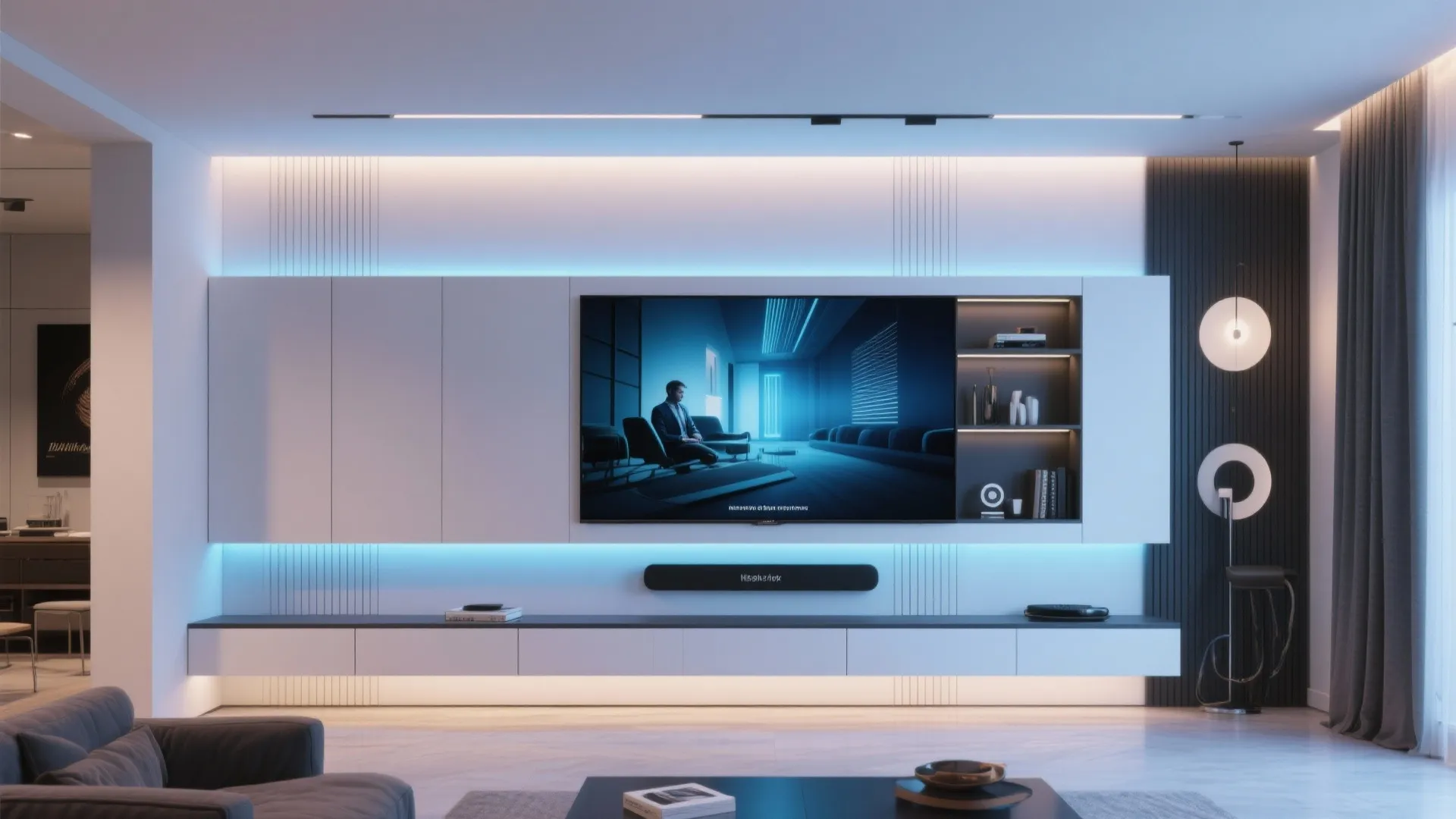 Large television mounted on a white wall cabinet with blue glowing lights and black panel