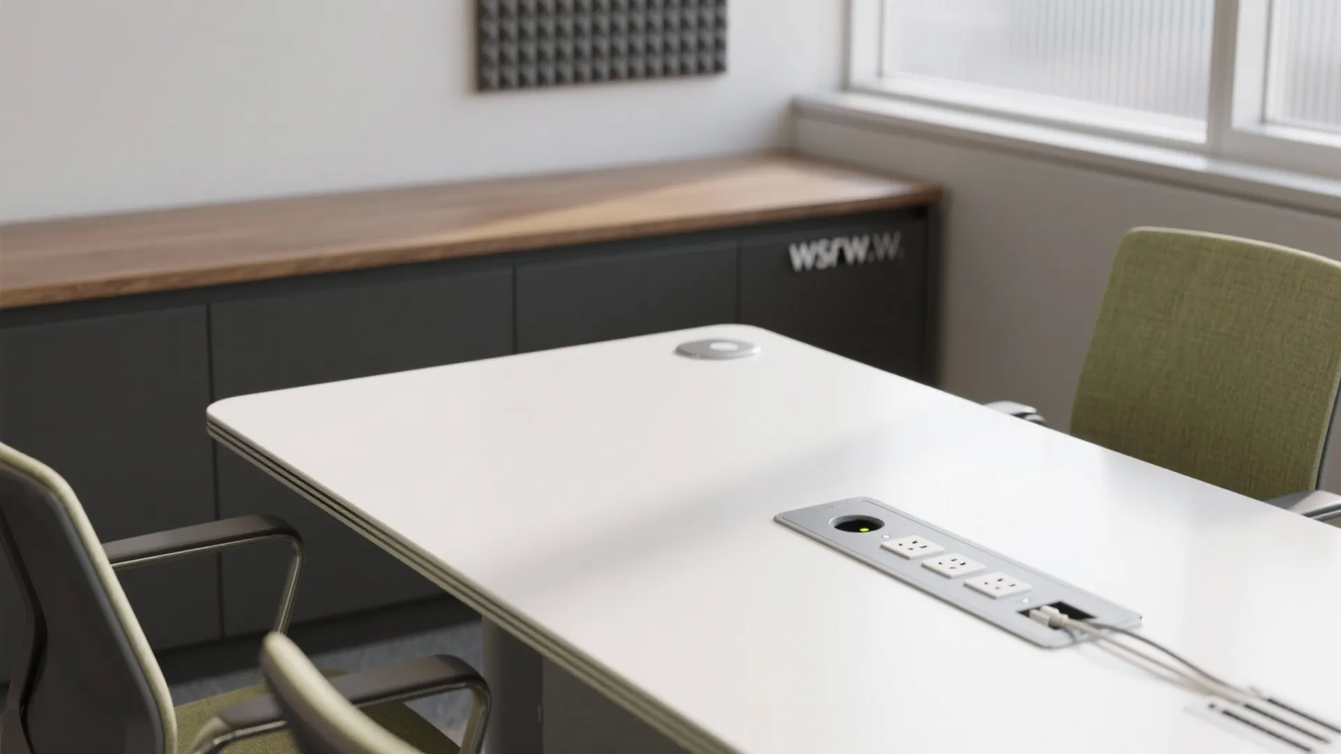 White office desk with built in power outlets green chairs and black cabinet in background