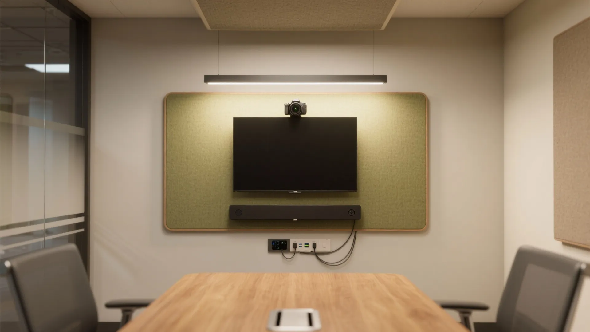 Conference room setup with television camera sound bar wooden table office chairs and a linear light