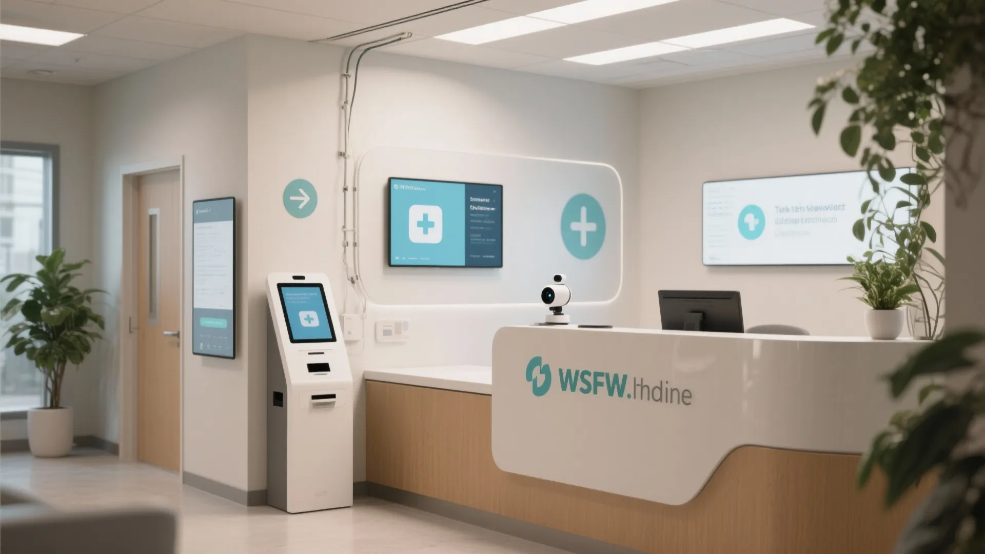 Modern medical reception area with white service desk digital check in kiosk and wall mounted screens