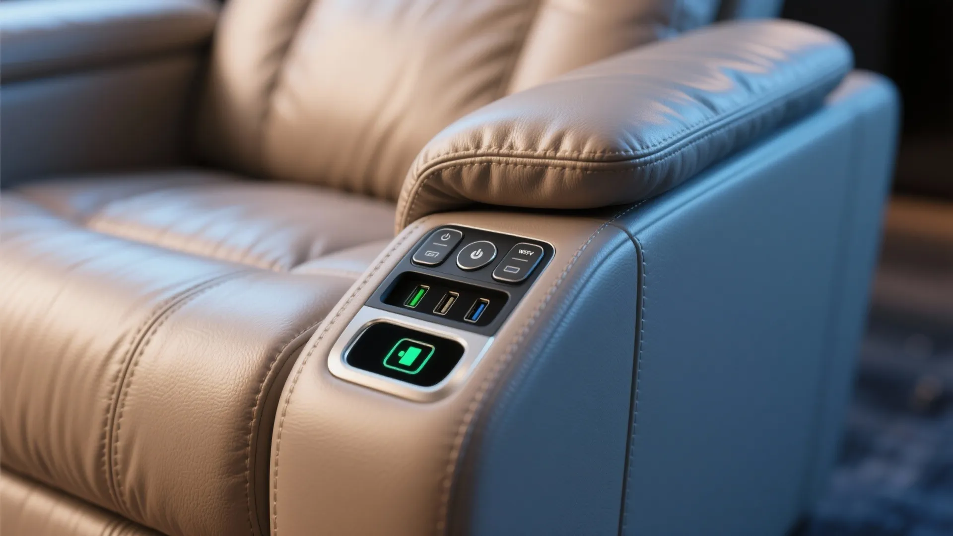 Close-up of built-in charging ports on a recliner