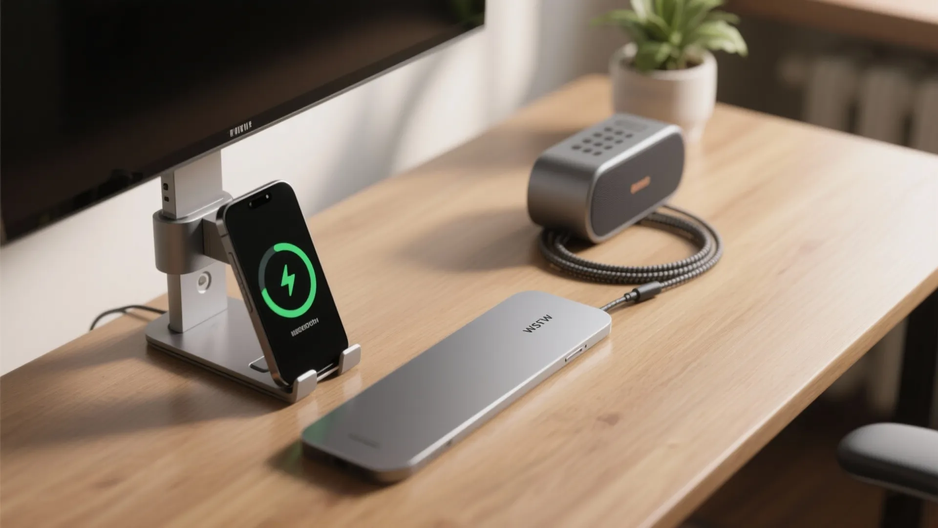 Wooden desk featuring monitor stand, phone charging, silver hub, small speaker, and a potted plant