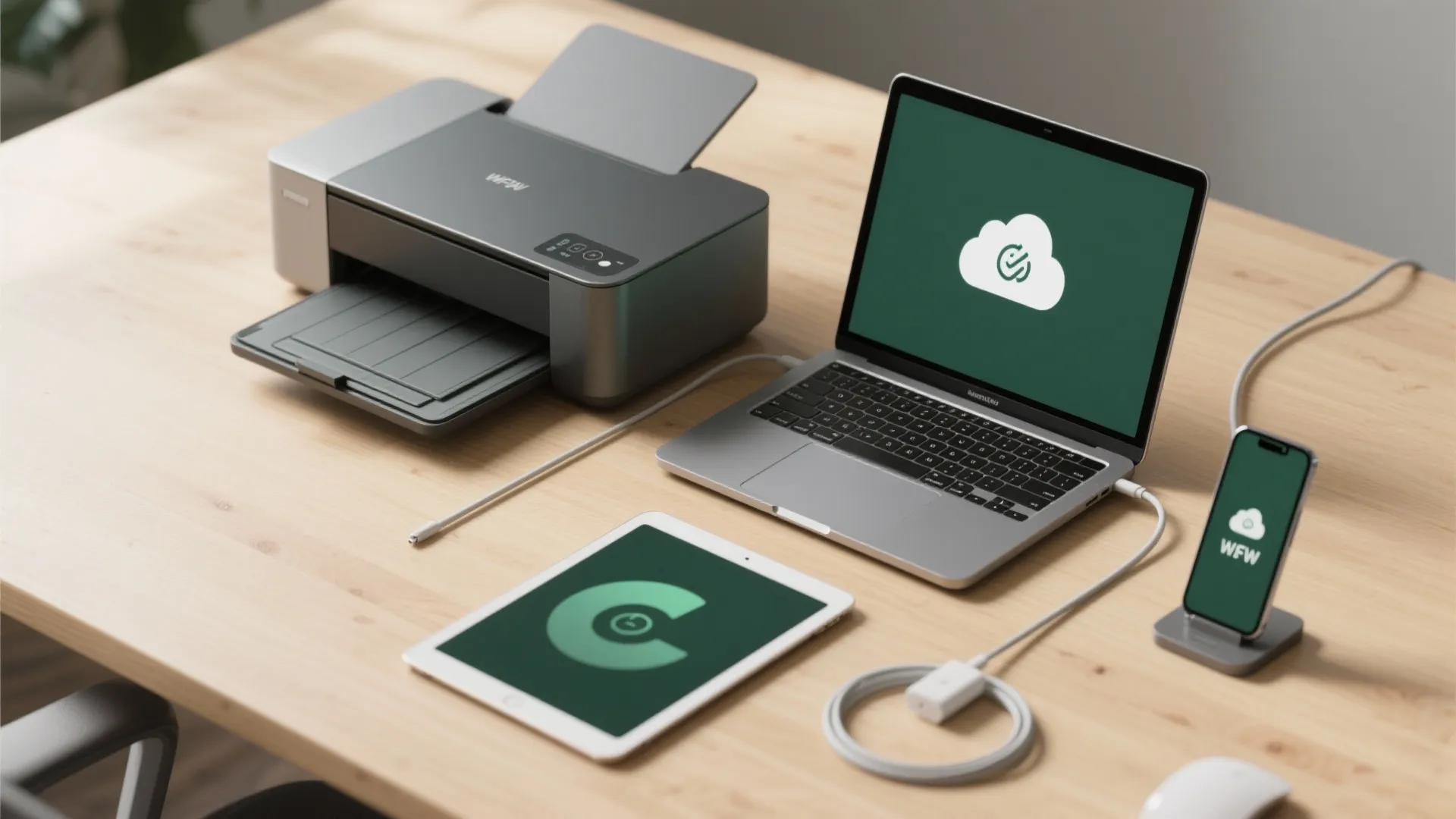 Top-down flatlay of compact office tech: all-in-one printer, laptop and tablet showing cloud sync to illustrate space-saving solutions.