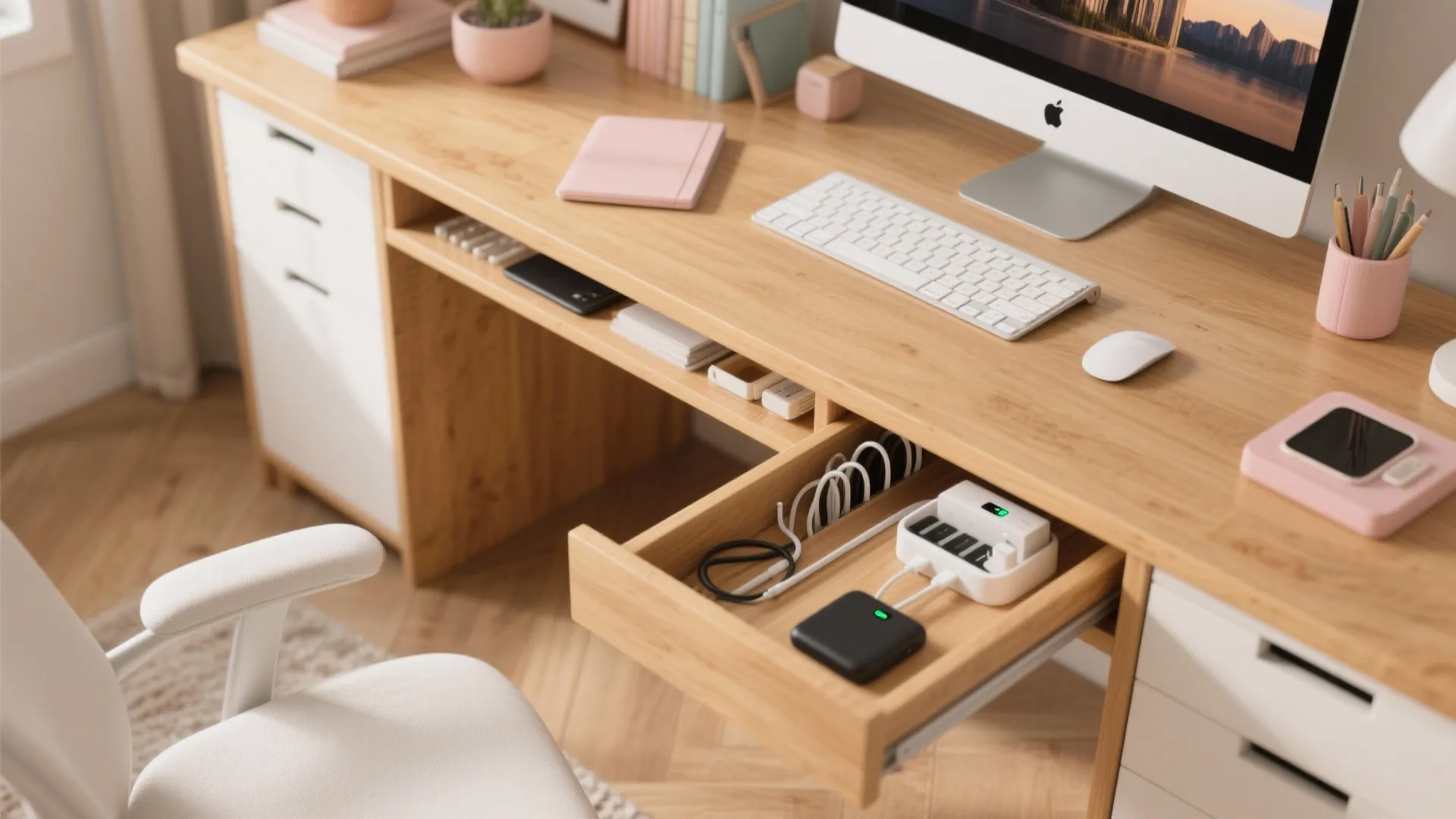 Organized office desk with hidden cable management and charging station