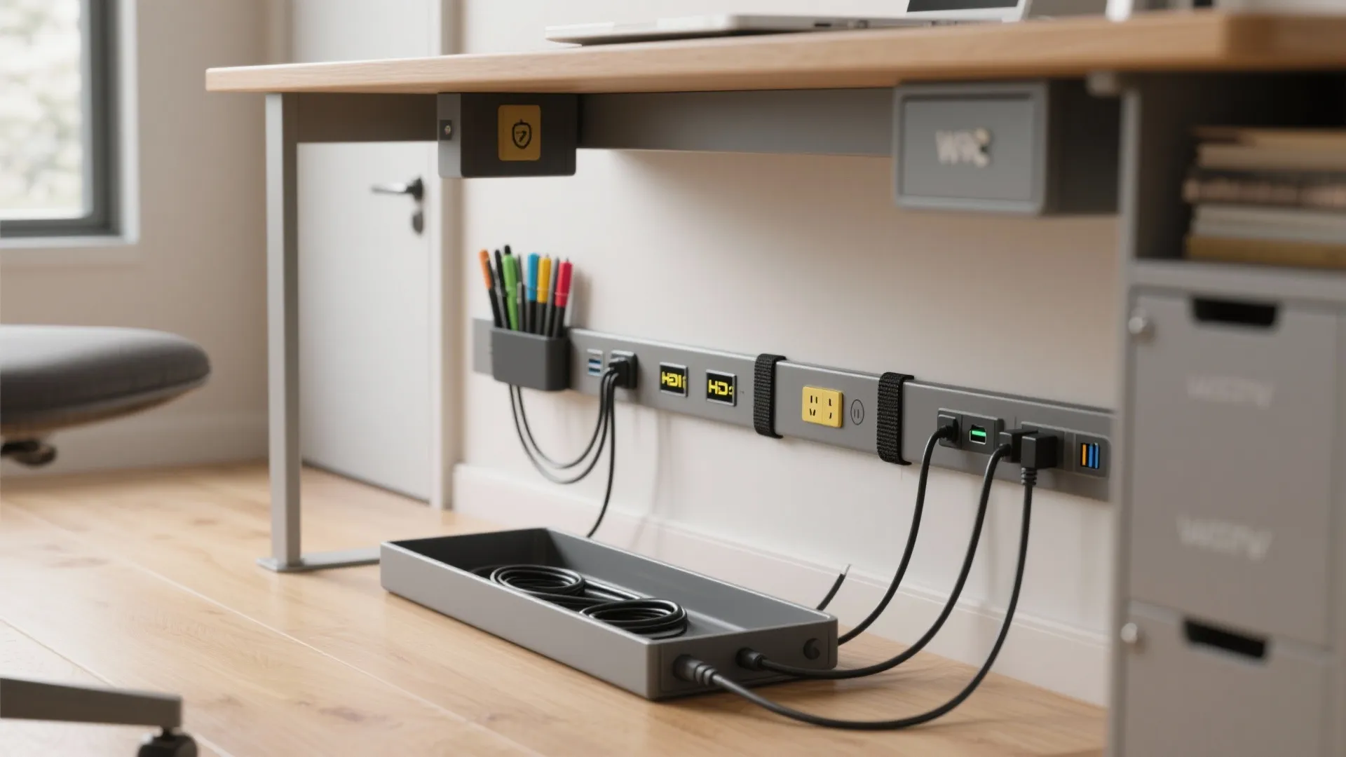 Desk cable management system with power strip wall outlets cord organizer tray and wooden floor background