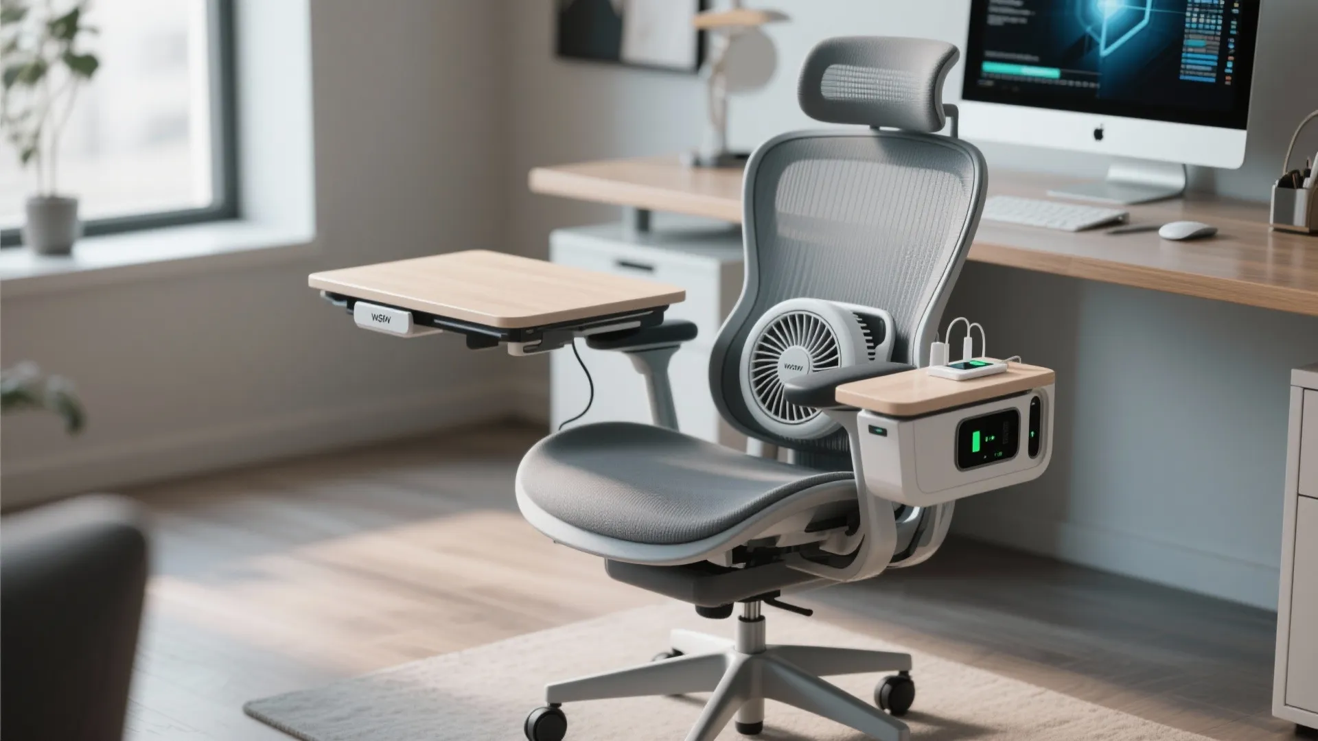 Ergonomic swivel chair with fold-down table and built-in charging