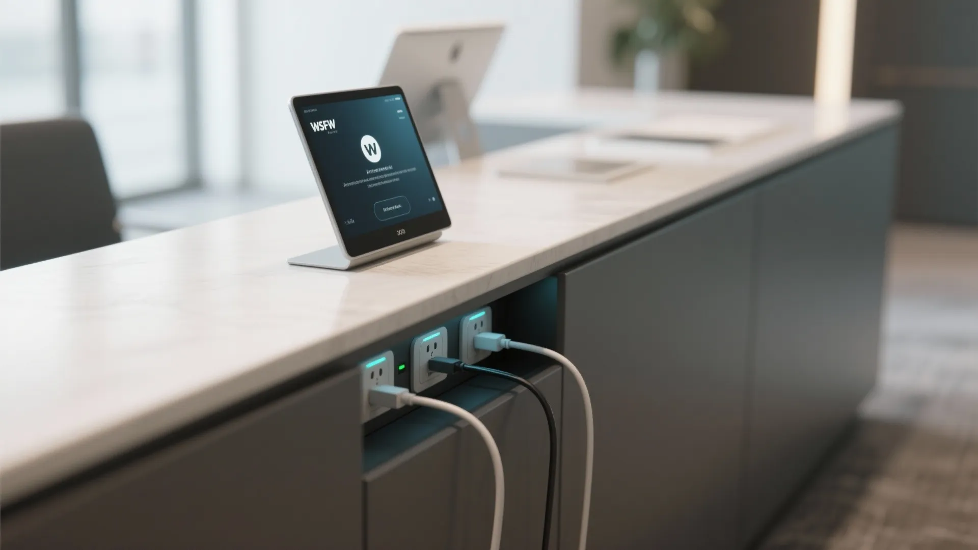 Close up of a desk with a tablet computer and several power outlets with cables