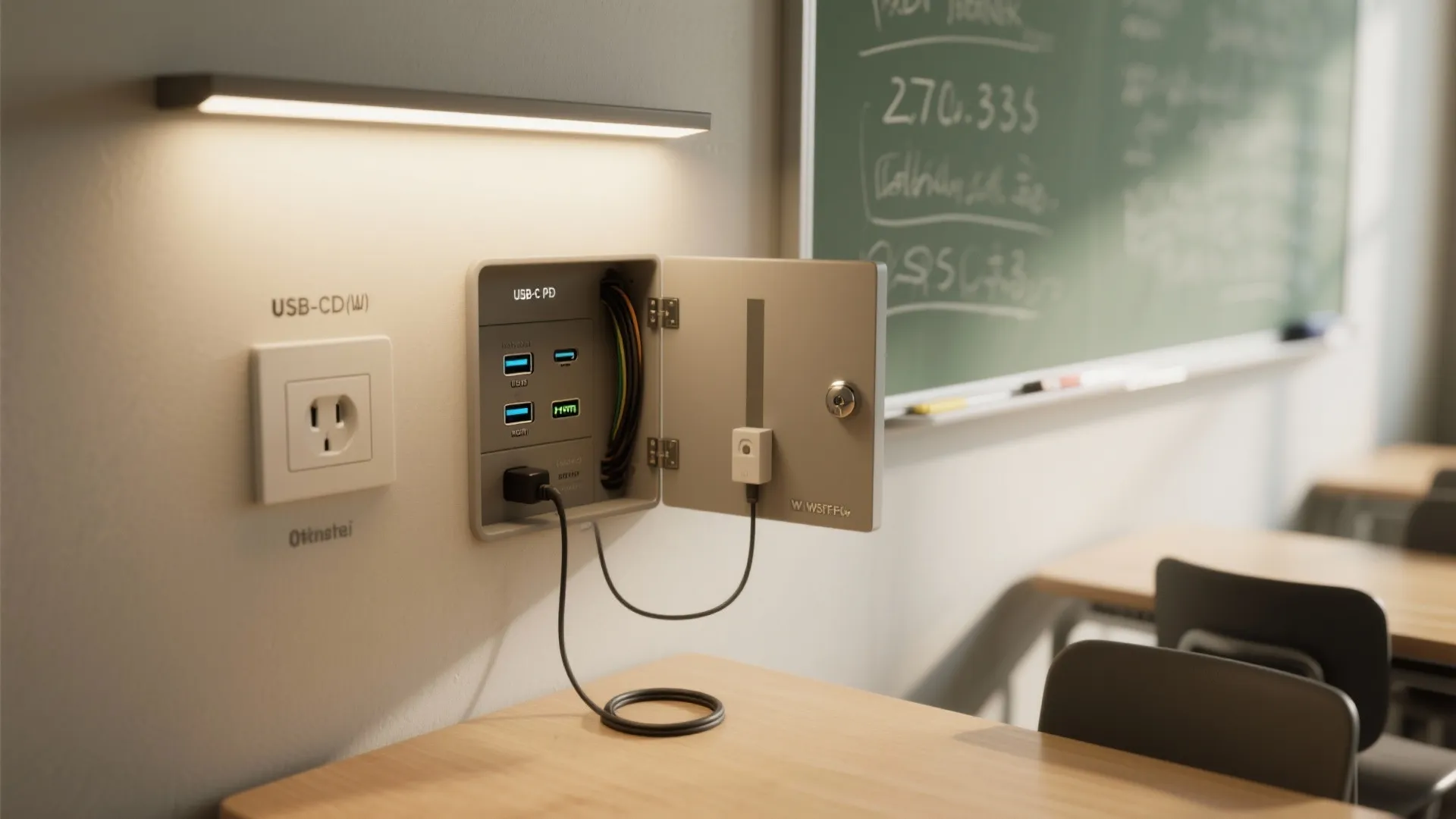 Close up of classroom wall with power socket and built-in usb ports under a wall light