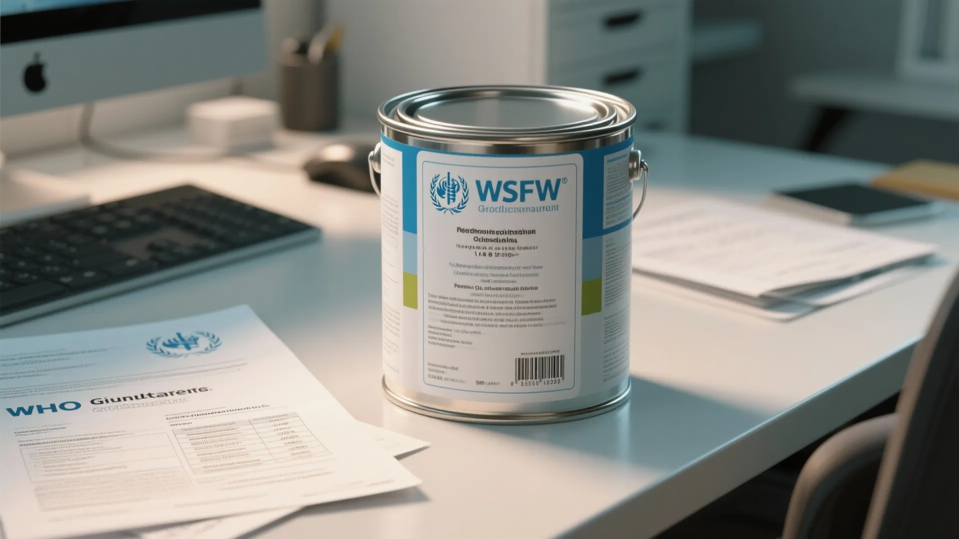 Metal paint can sitting on office desk with papers and computer keyboard in natural light