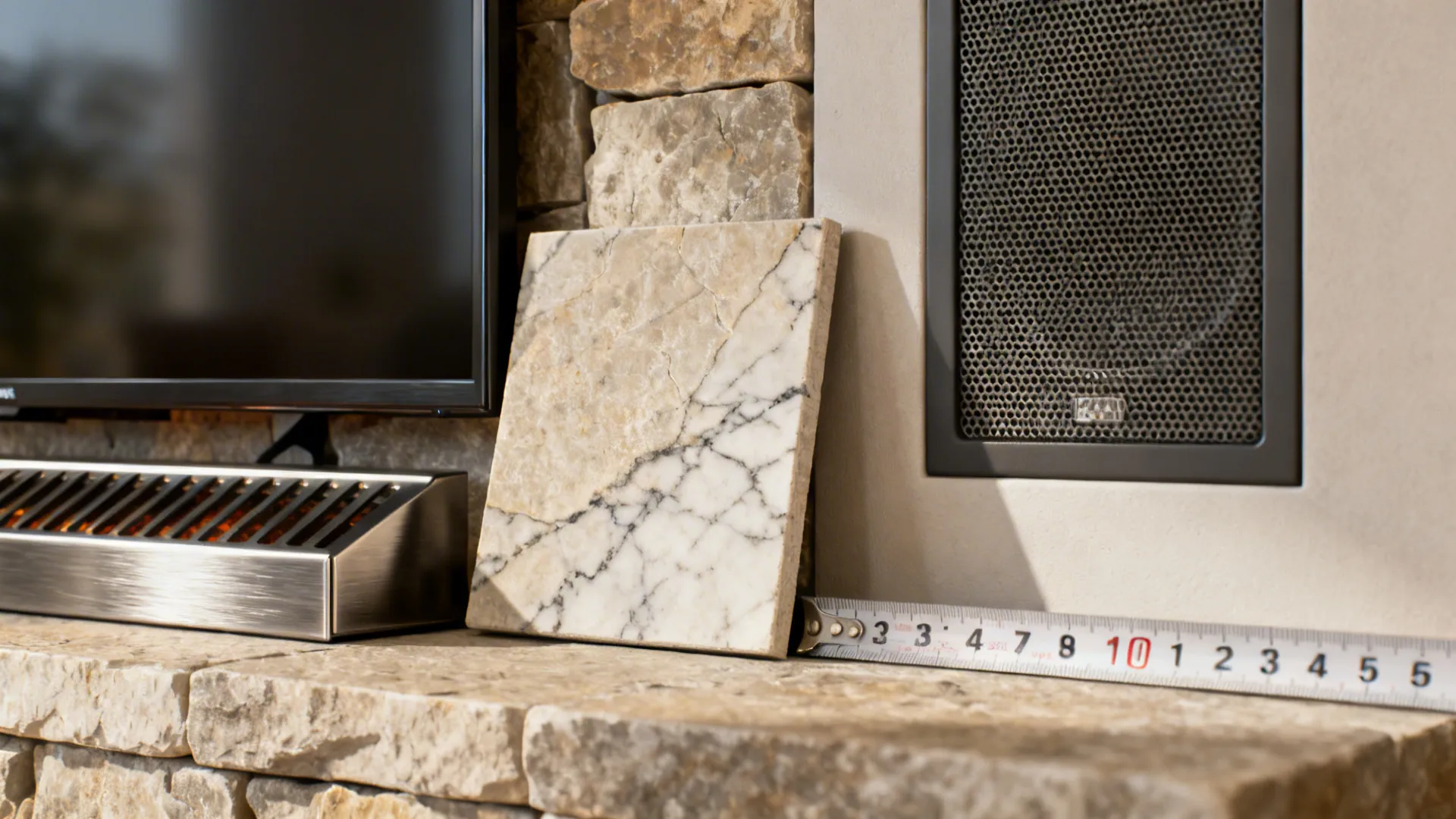 Close-up of heat-resistant materials and audio hardware for safe fireplace and TV installation.
