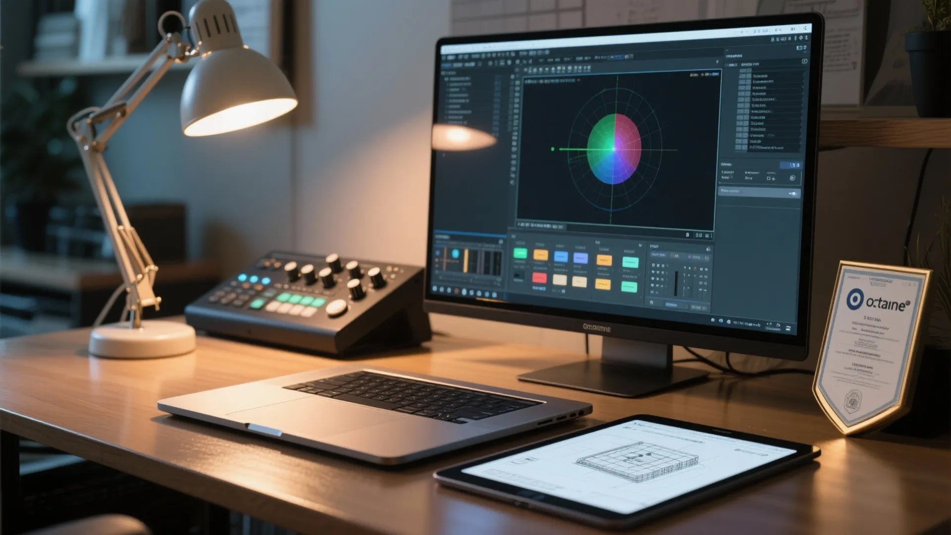 Computer monitor showing a color wheel tool next to a laptop tablet and desk lamp
