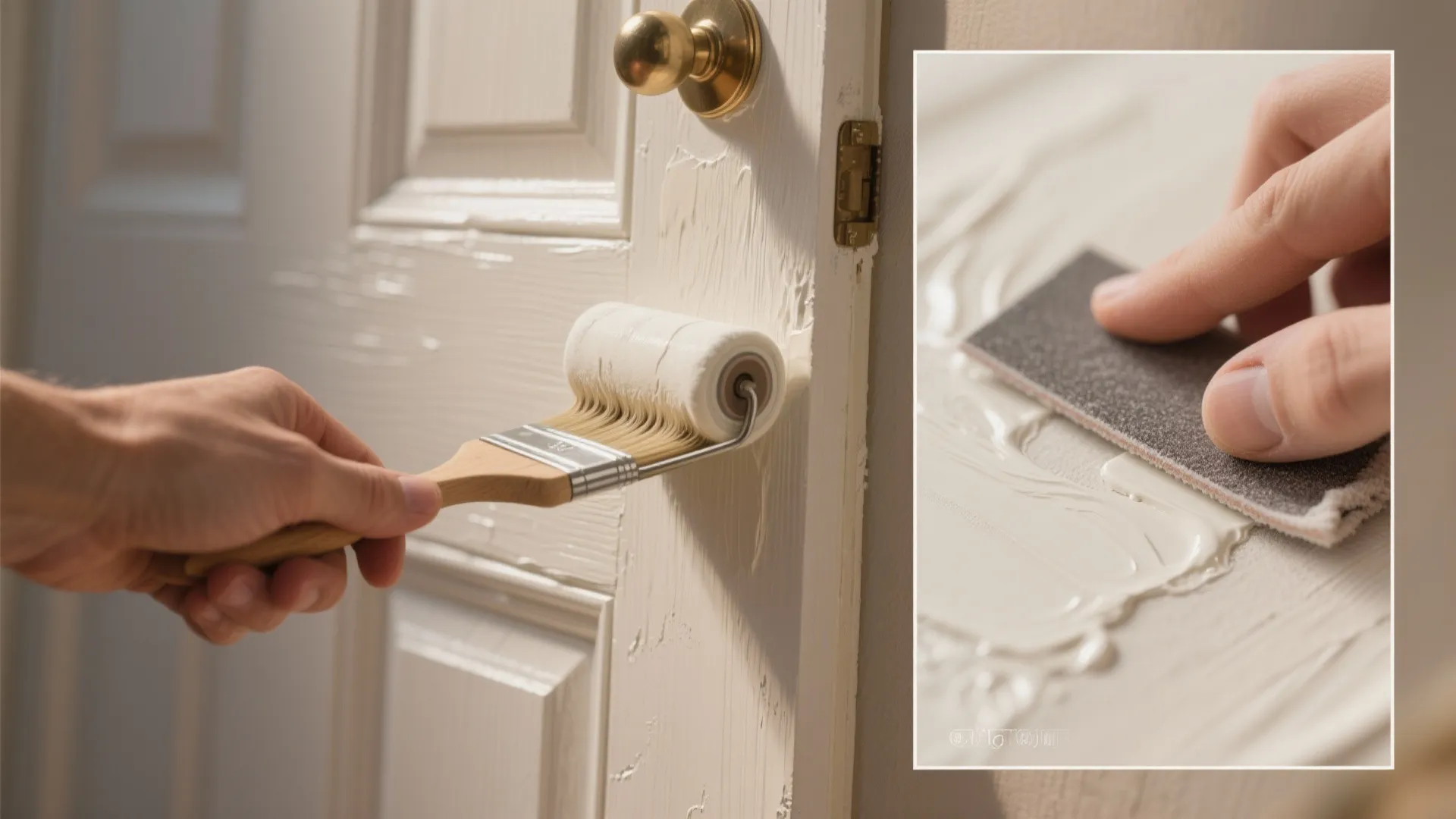 Hand using small paint roller on white door and person using sandpaper for smooth surface finish