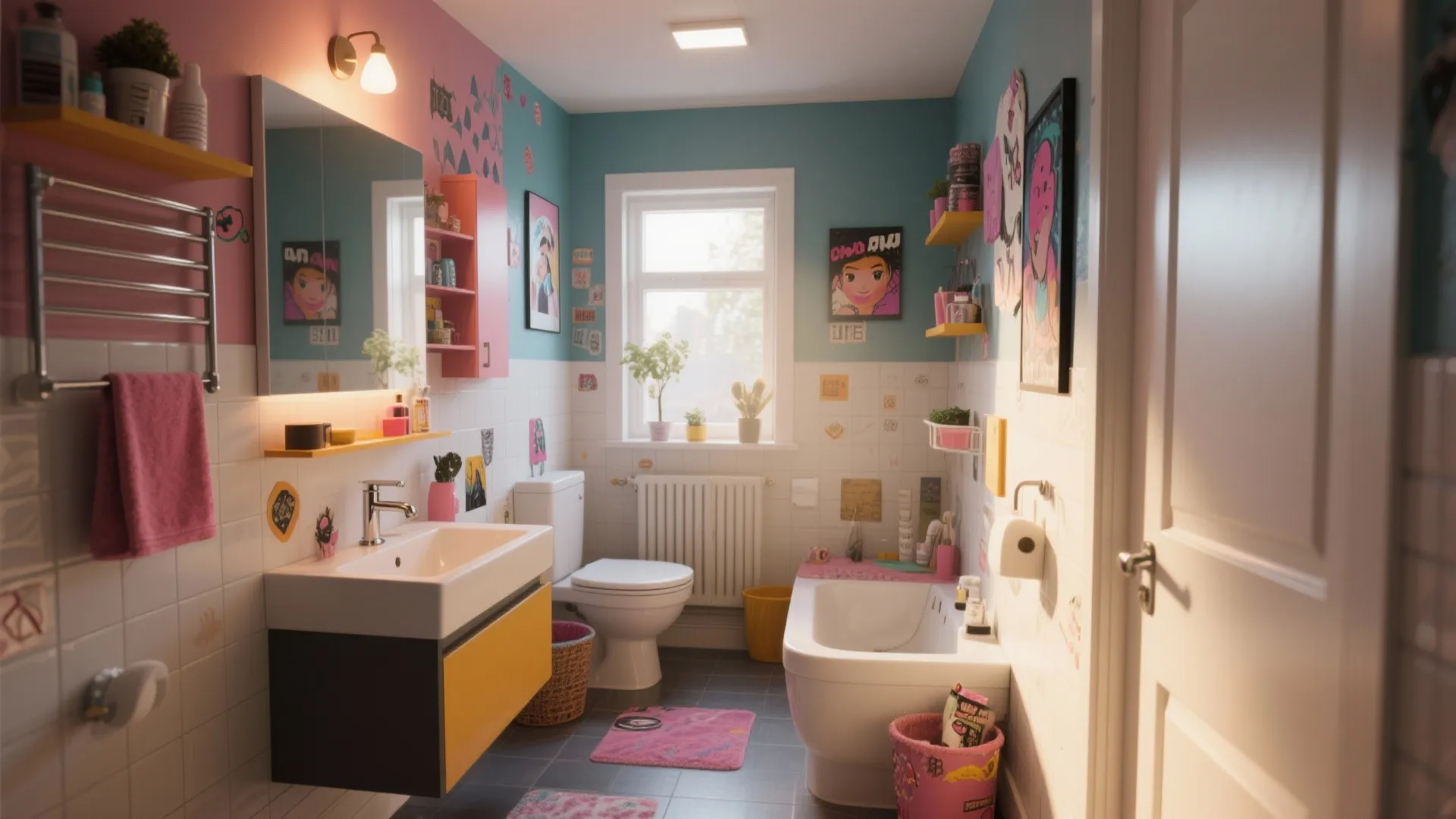 Colorful teen bathroom with pink and blue walls, white sink, bathtub, toilet, and wall lights