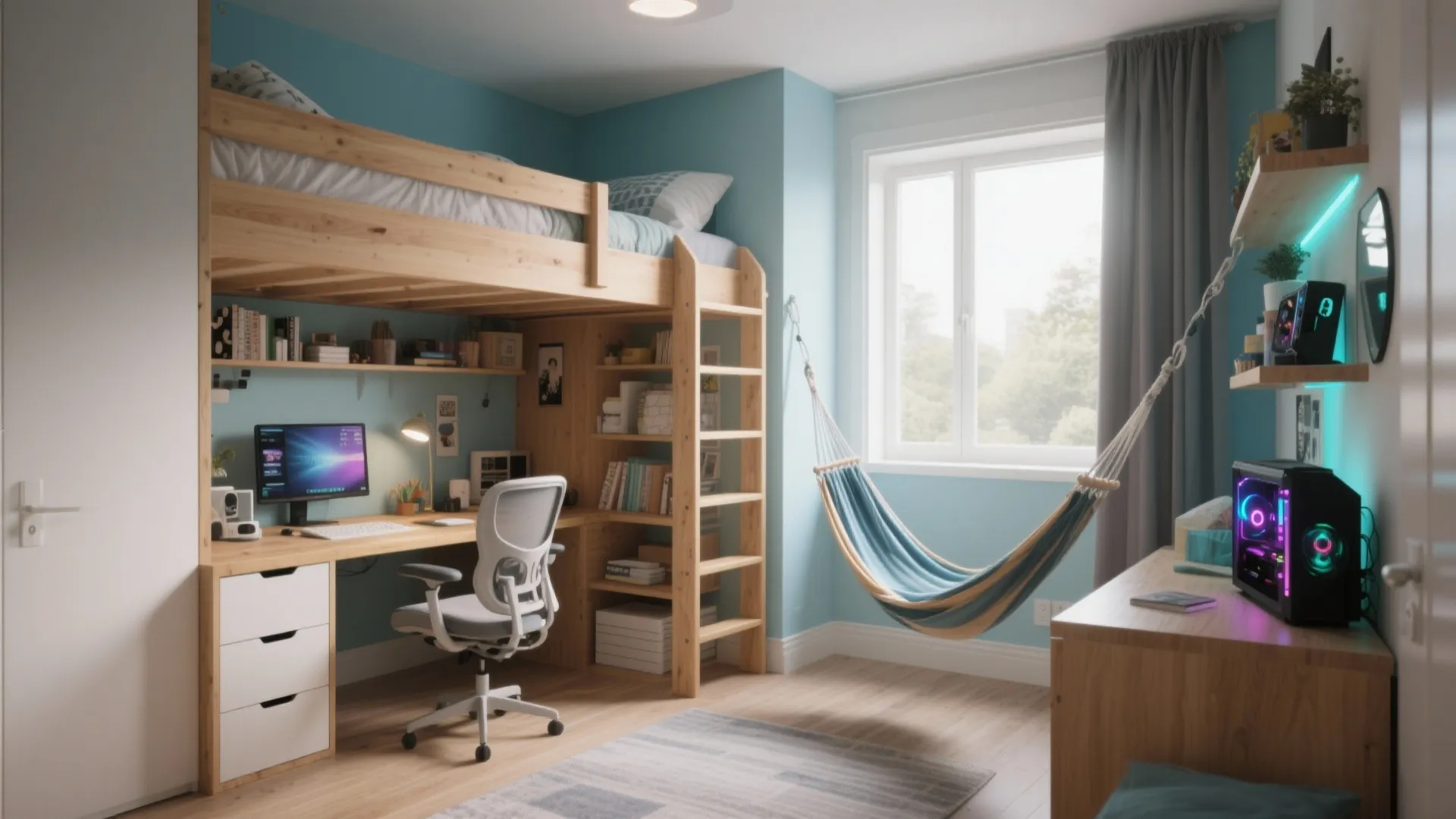 Modern blue teenager bedroom with a wooden bunk bed desk area and a hanging hammock