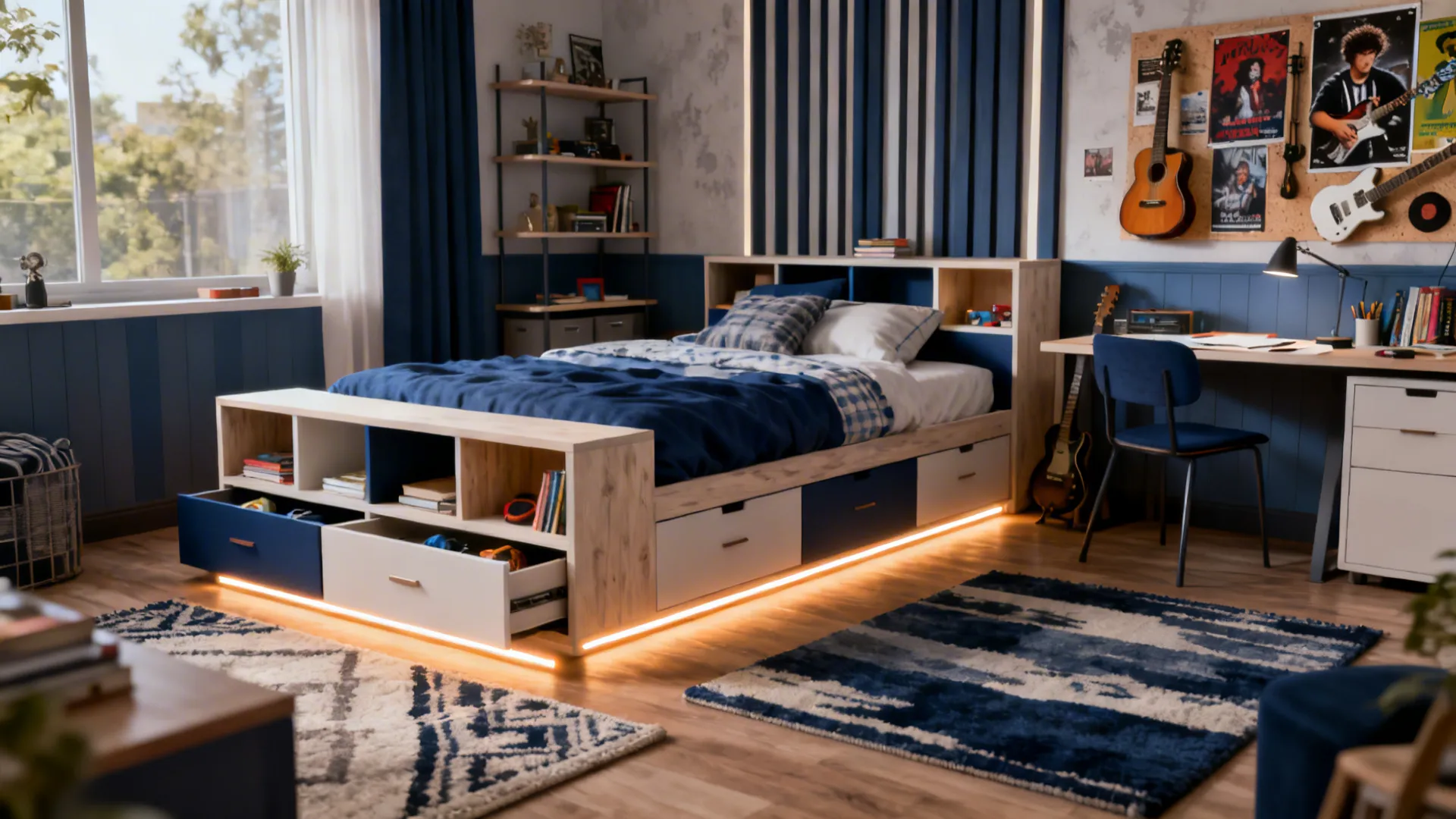 Blue teen bedroom with bed storage drawers floor lights desk and guitars on the wall