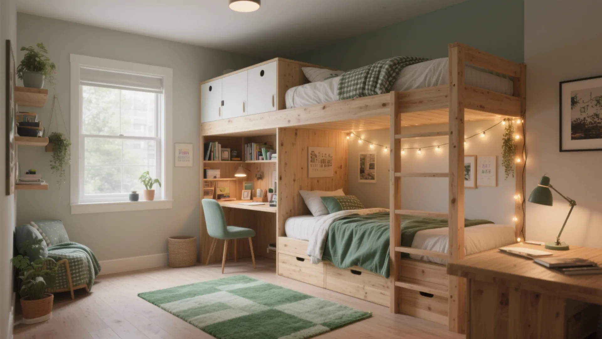 Wooden bunk bed with built in desk and storage cabinets in a cozy green bedroom