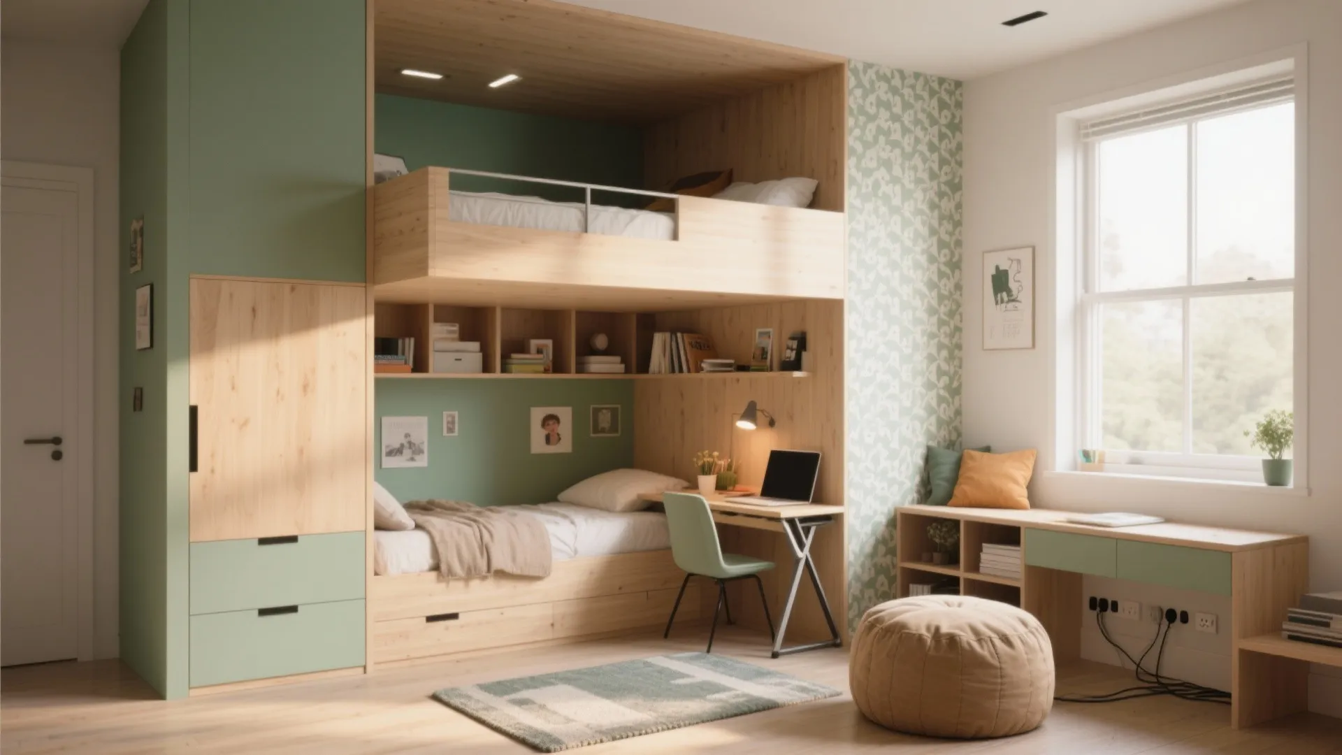 Modern kids bedroom with wooden bunk bed green wall panels study desk and large window view