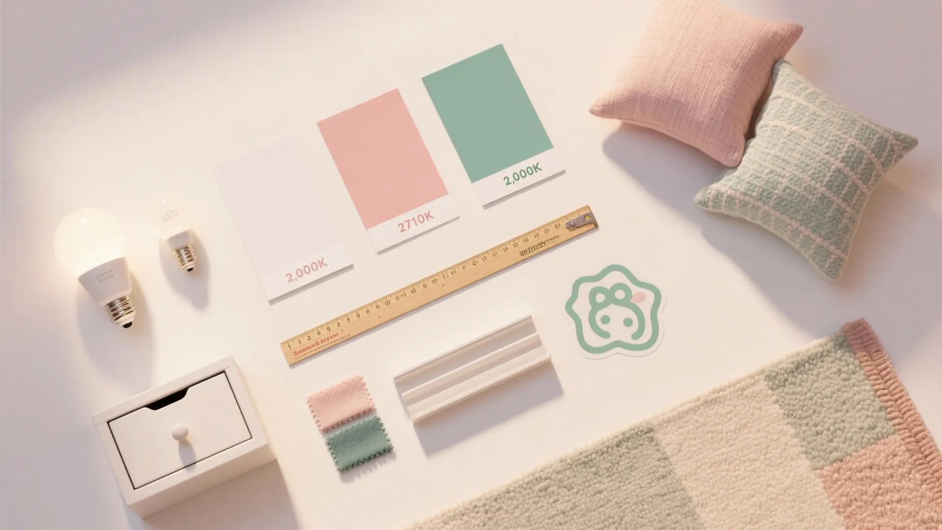 Flat lay of paint chips, LED bulbs, decals, labels, tape measure, fabric swatches, and pillows in a blush–sage palette.