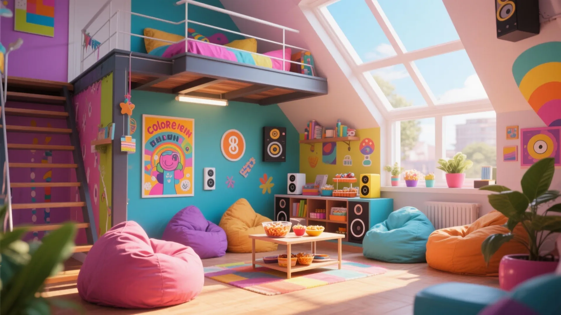 Teen hangout loft with bean bags and snack bar