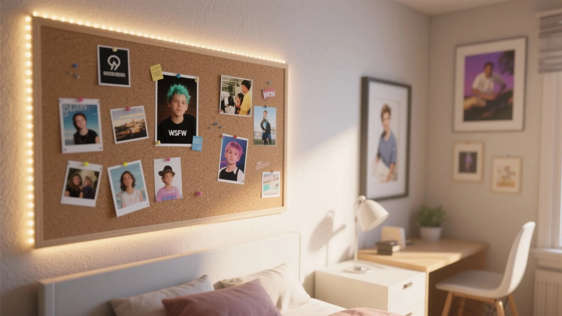 Corkboard with personal photos and string lights on a wall above a white bedroom bed