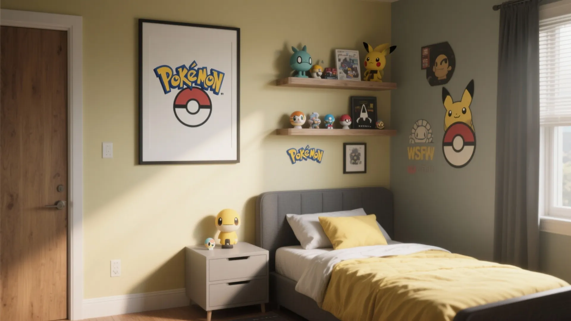 Sophisticated teen bedroom corner with muted themed art and display shelf, showing grown-up fandom styling.