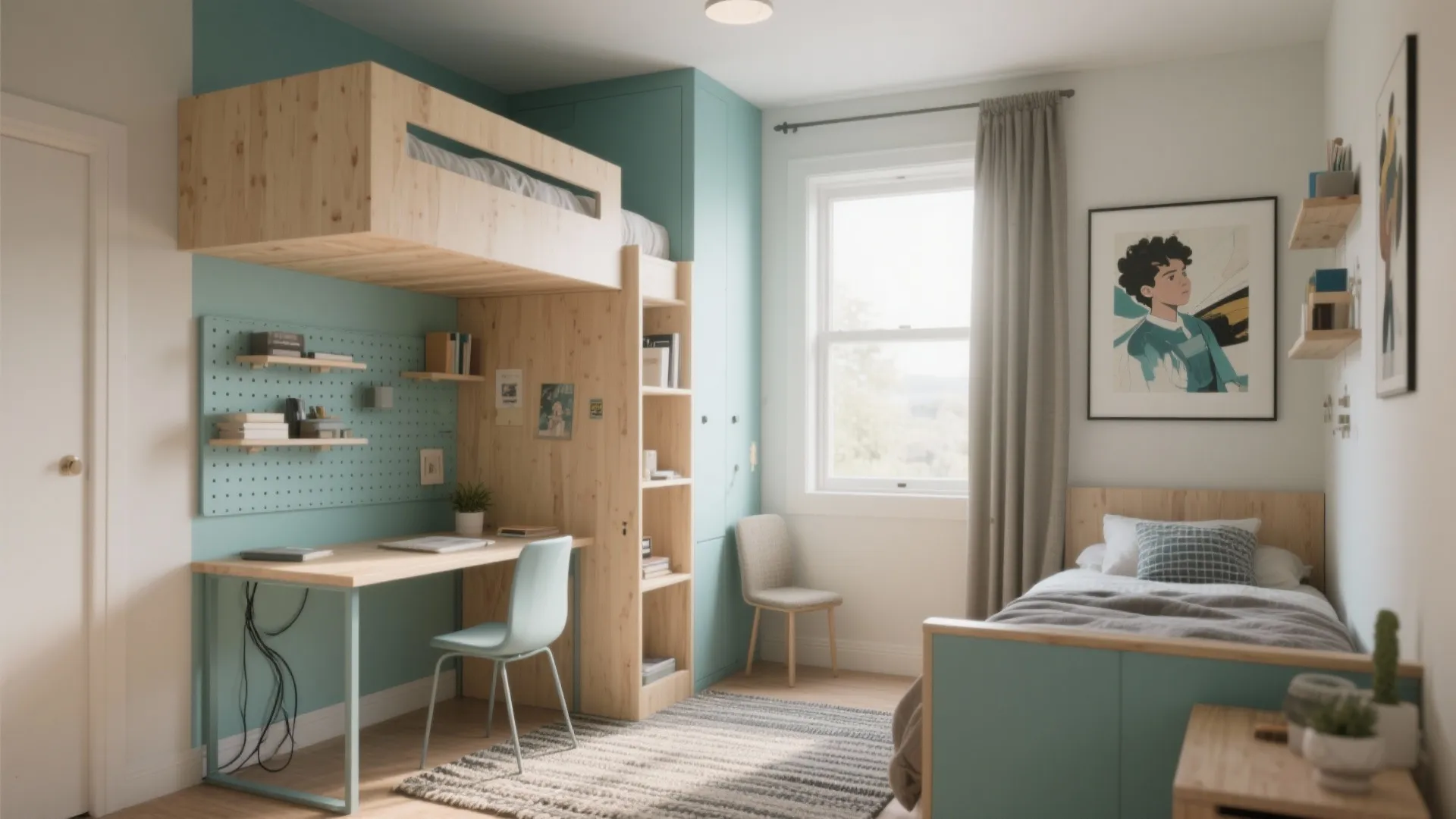 Modern teen bedroom featuring teal cabinets, wooden loft bed, desk, single bed, and natural light