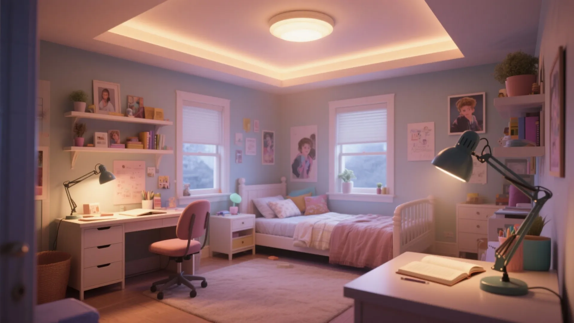 Girl bedroom with pink chair white desk ceiling light and warm table lamps for study