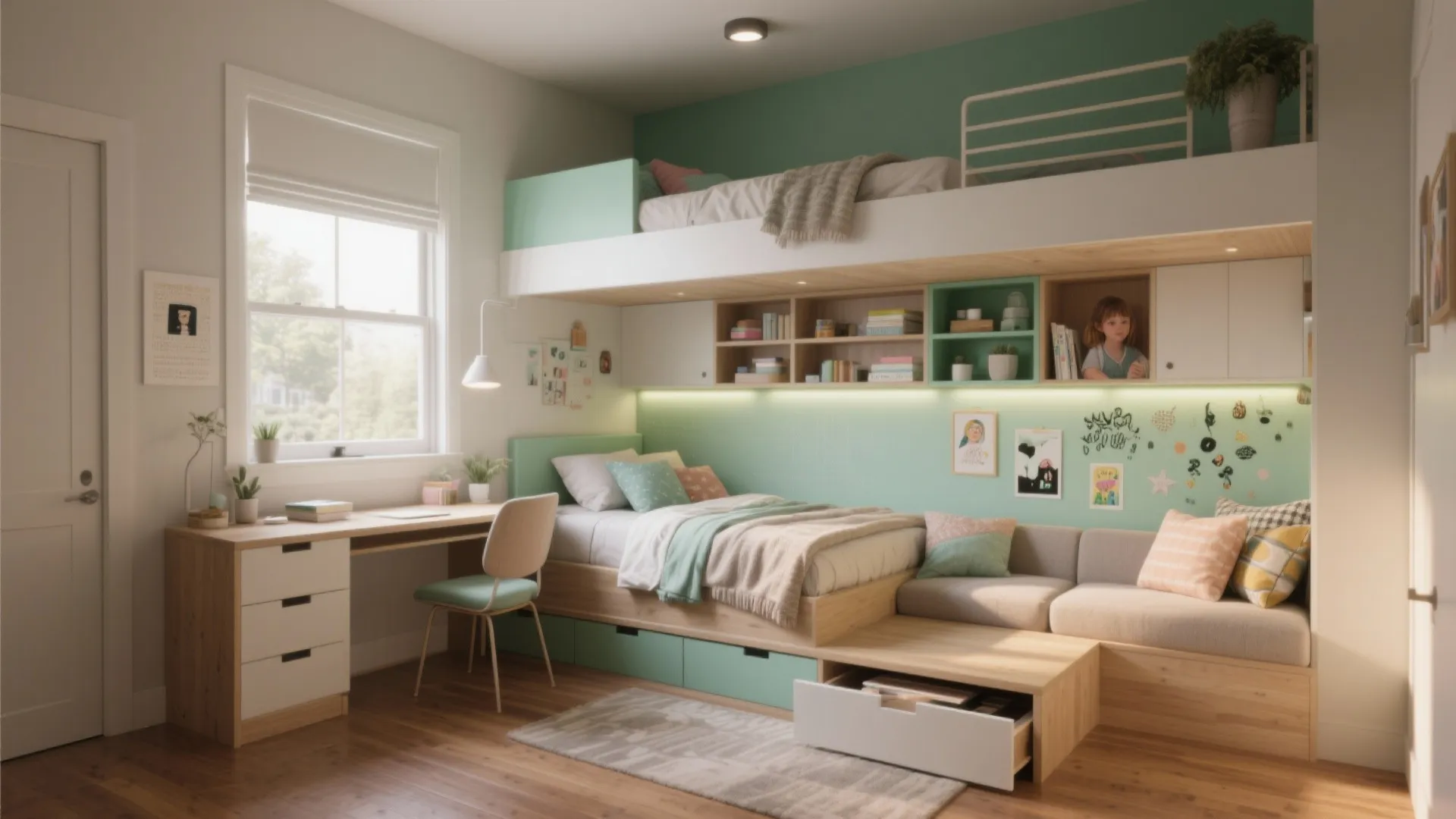 Modern green and wood bunk bed for small rooms with integrated desk sofa and drawers