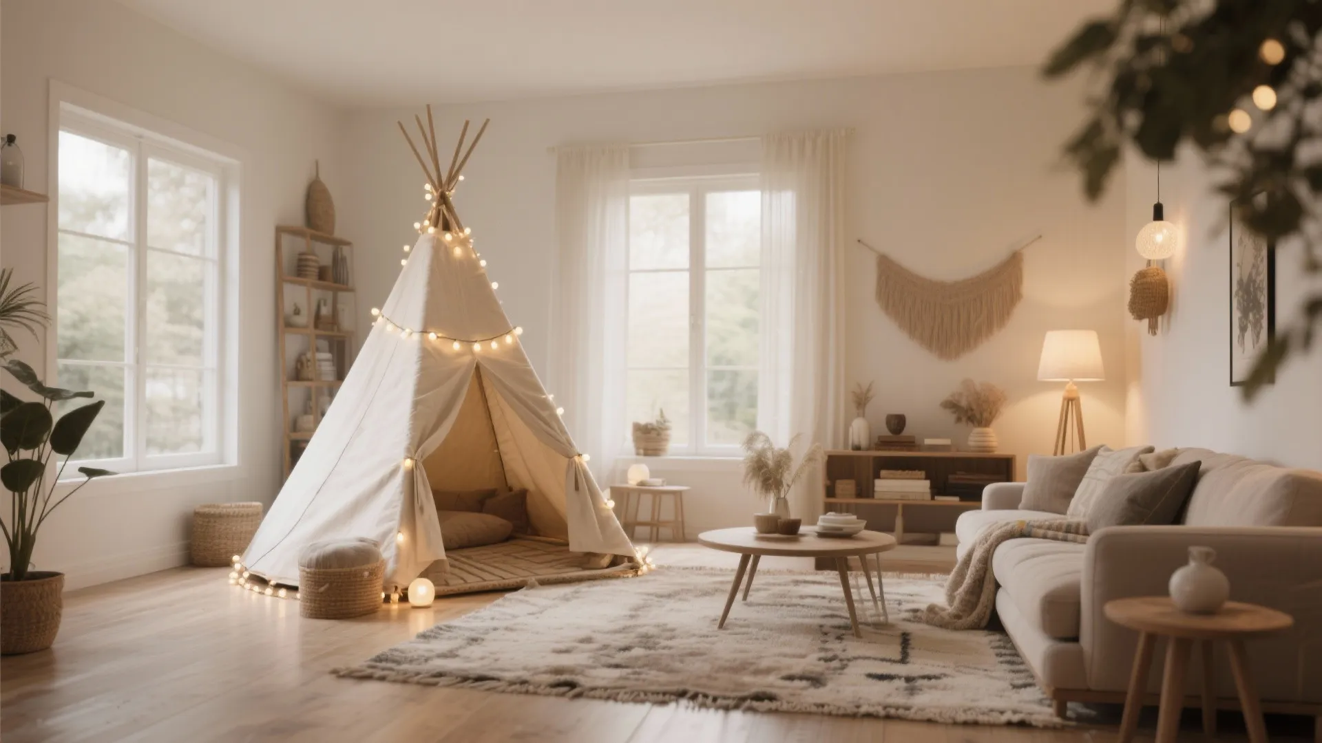 Cozy living room interior featuring white play tent with string lights and a soft cream sofa