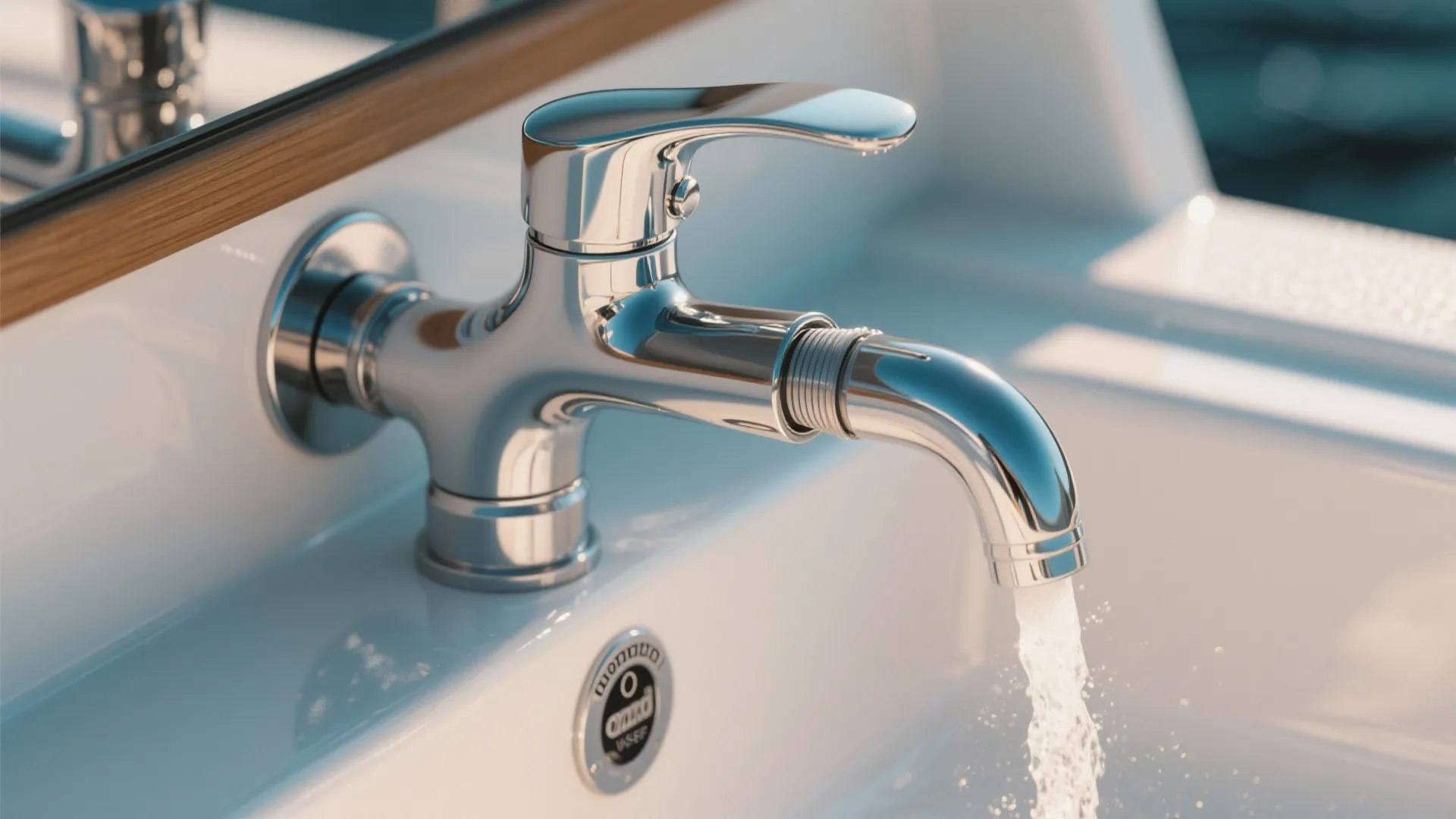 Modern silver water tap running into a white sink inside a small boat bathroom area
