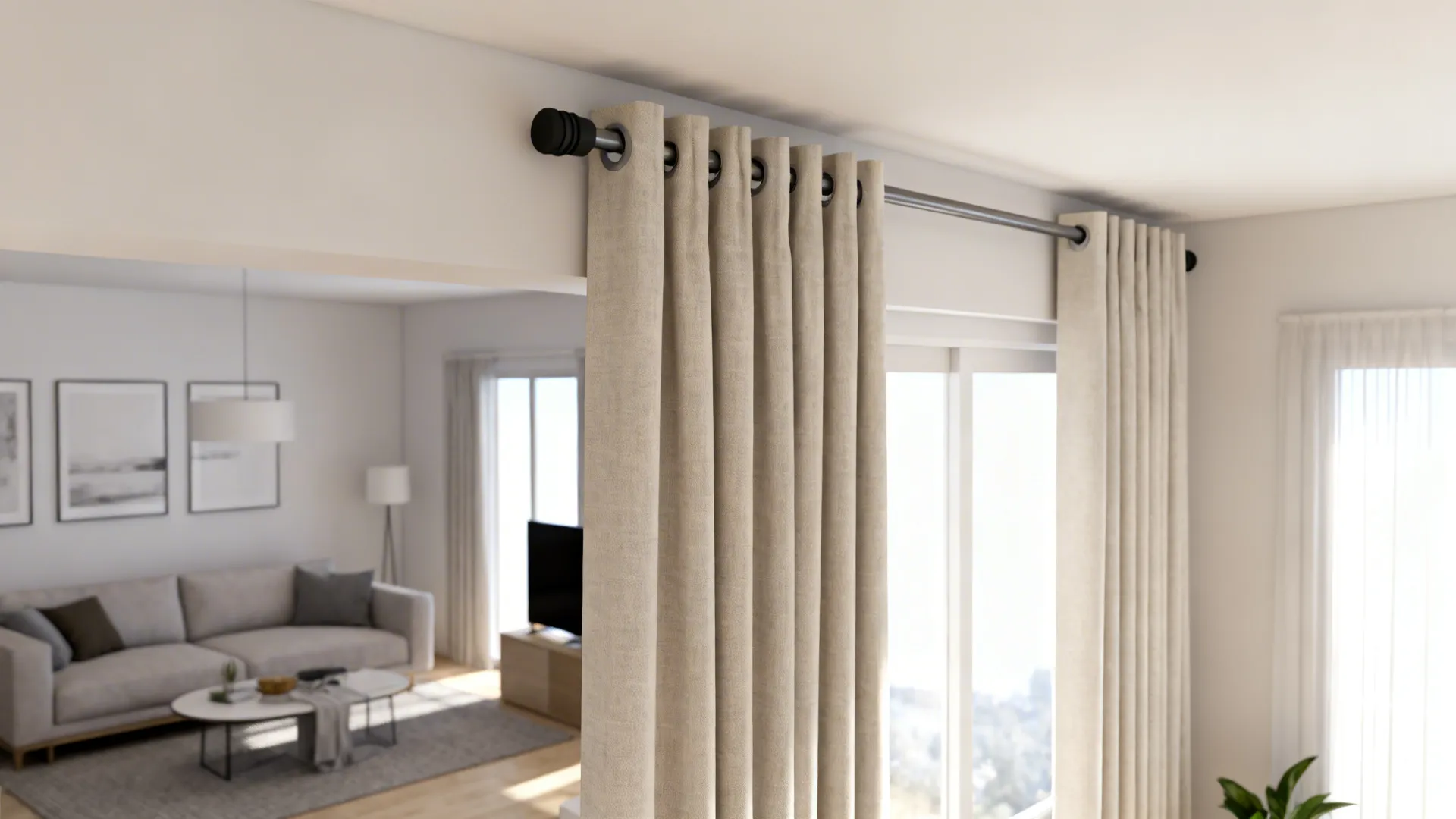 Compact living room with an extendable telescopic curtain rod with rubberized ends and linen curtains.