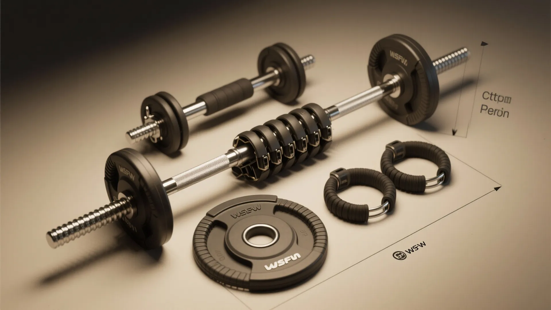 Various gym equipment including adjustable barbells weights and black rings shown on a light surface