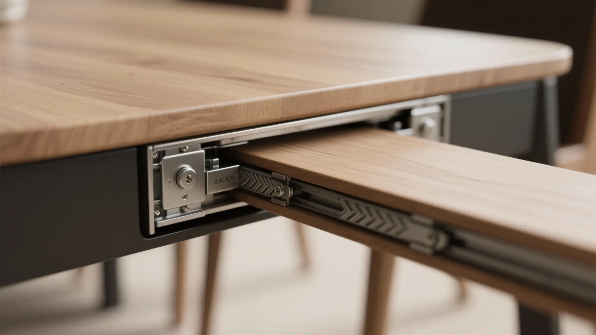 Close up of a wooden table extension mechanism showing the metal sliding rails and hardware