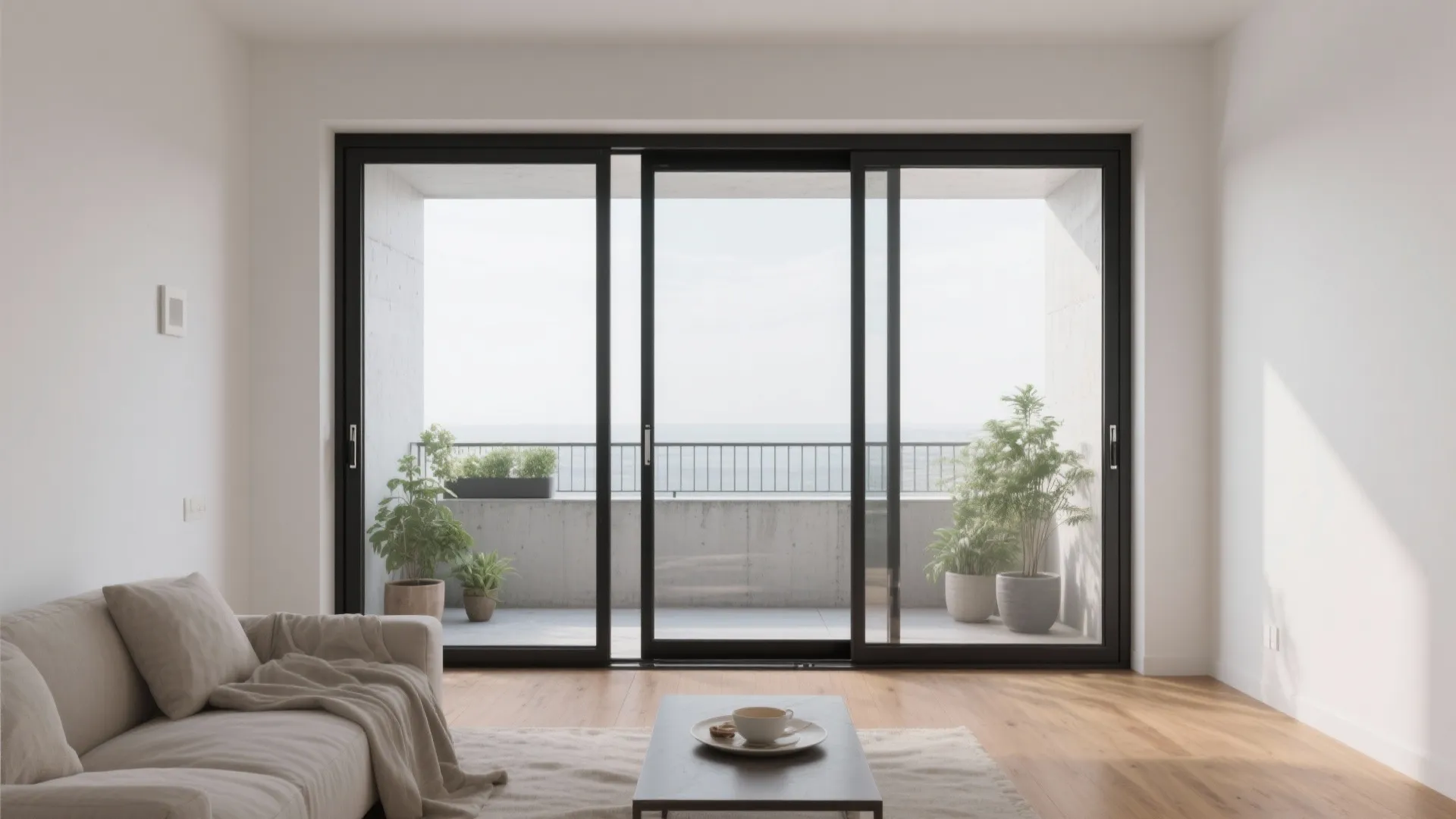 Modern living room with beige sofa wooden floor and large black sliding glass doors balcony
