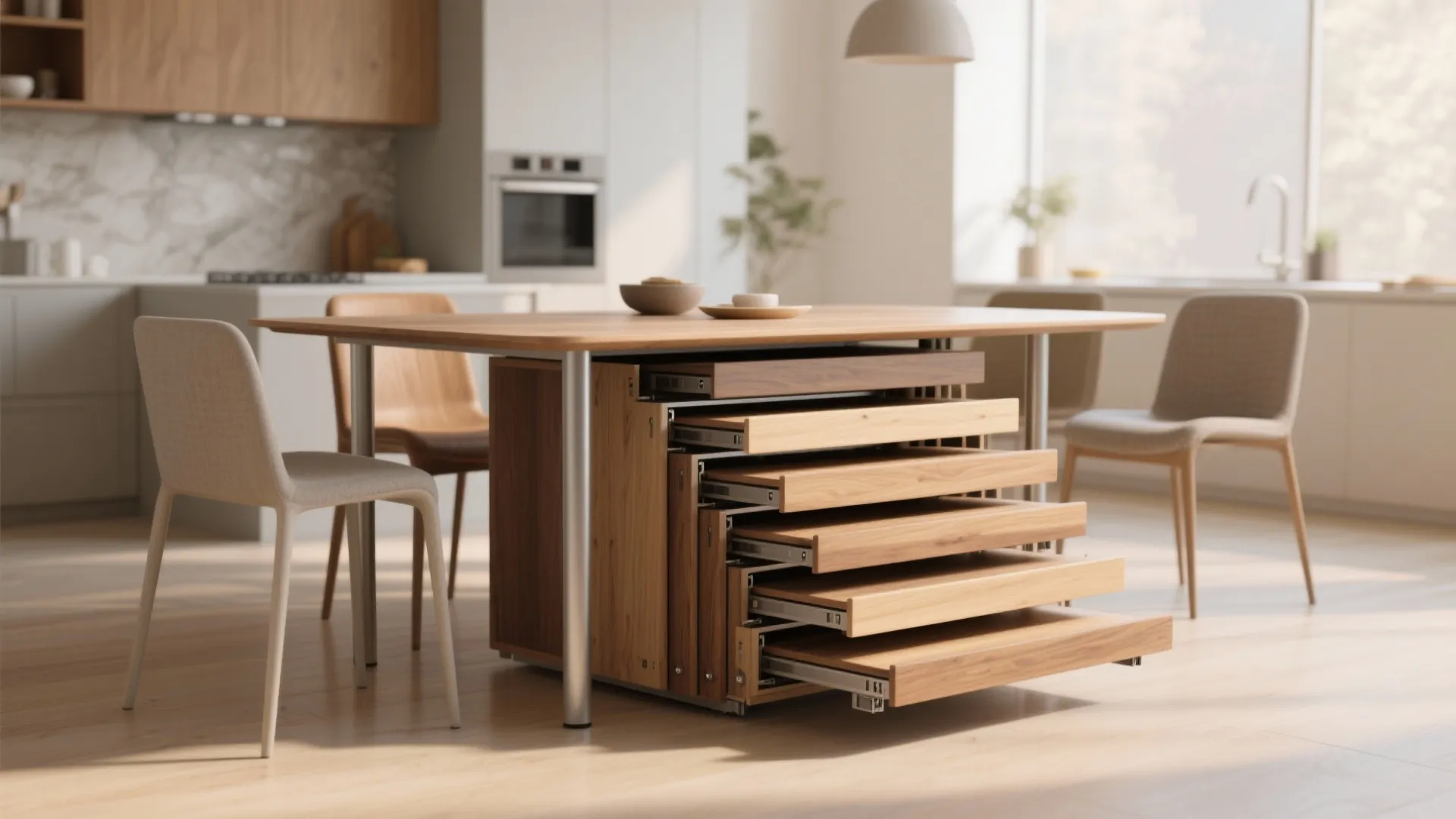 Expanding dining table with pull out wood layers in a bright kitchen with modern chairs