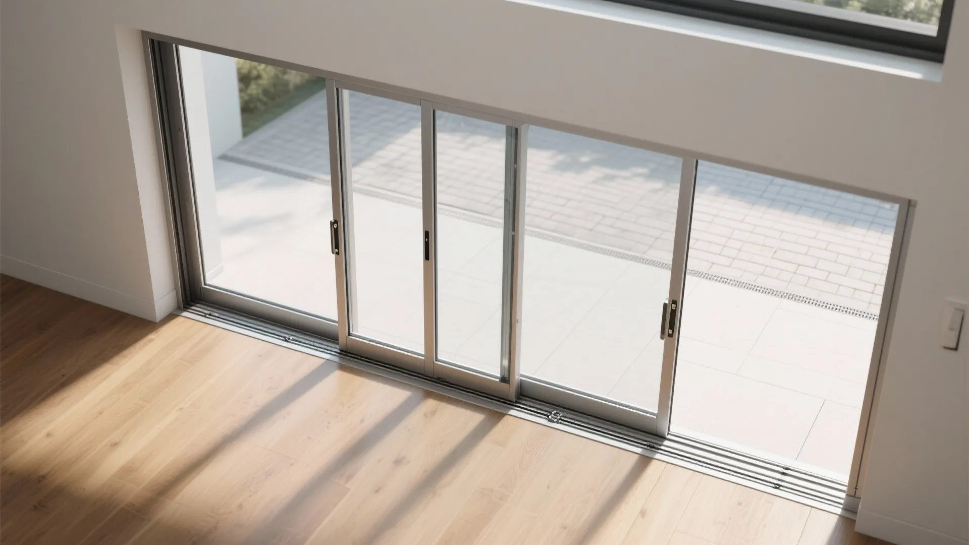 Modern interior design drawing showing large glass sliding doors with wooden floor and natural sunlight
