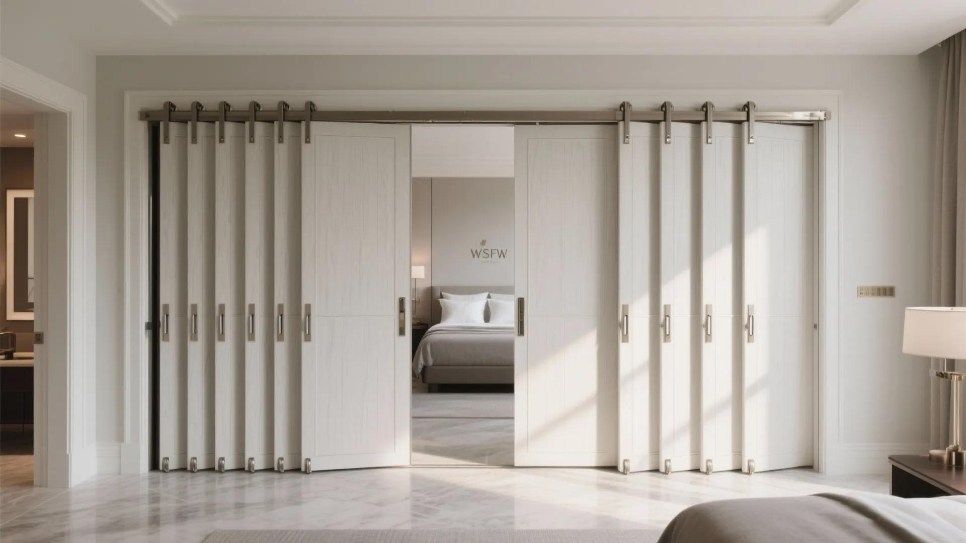 Large white folding doors opening to a bedroom with bed table lamps and marble floor tiles