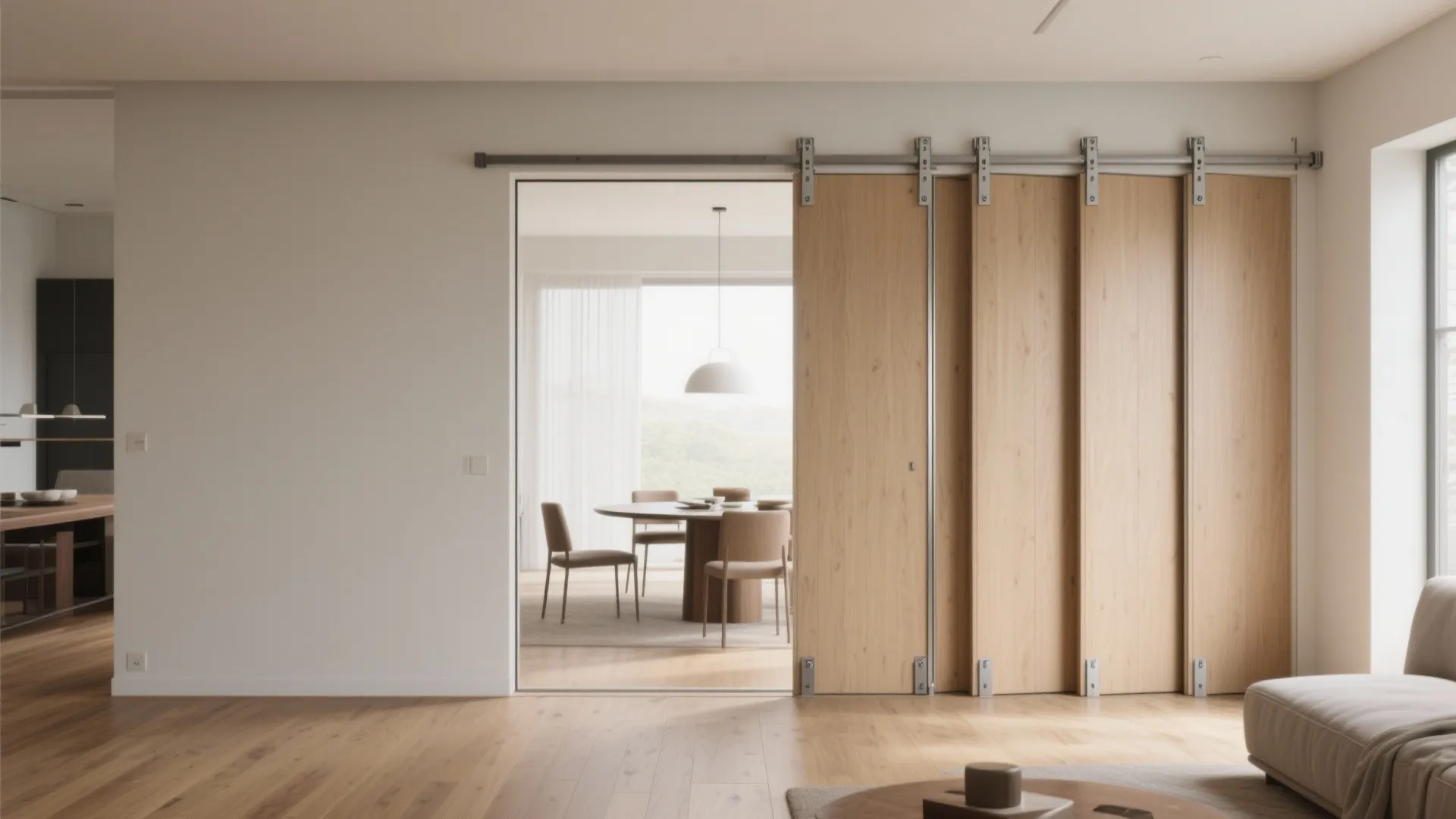 Modern room with wooden sliding doors opening to a dining area with table and chairs