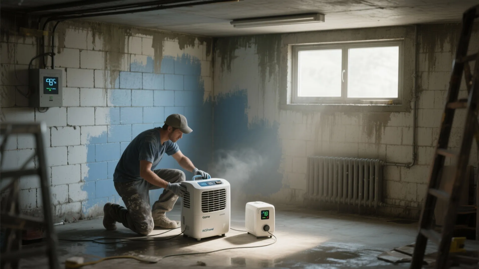 Man kneeling in a basement using a portable white machine to dry wet blue wall