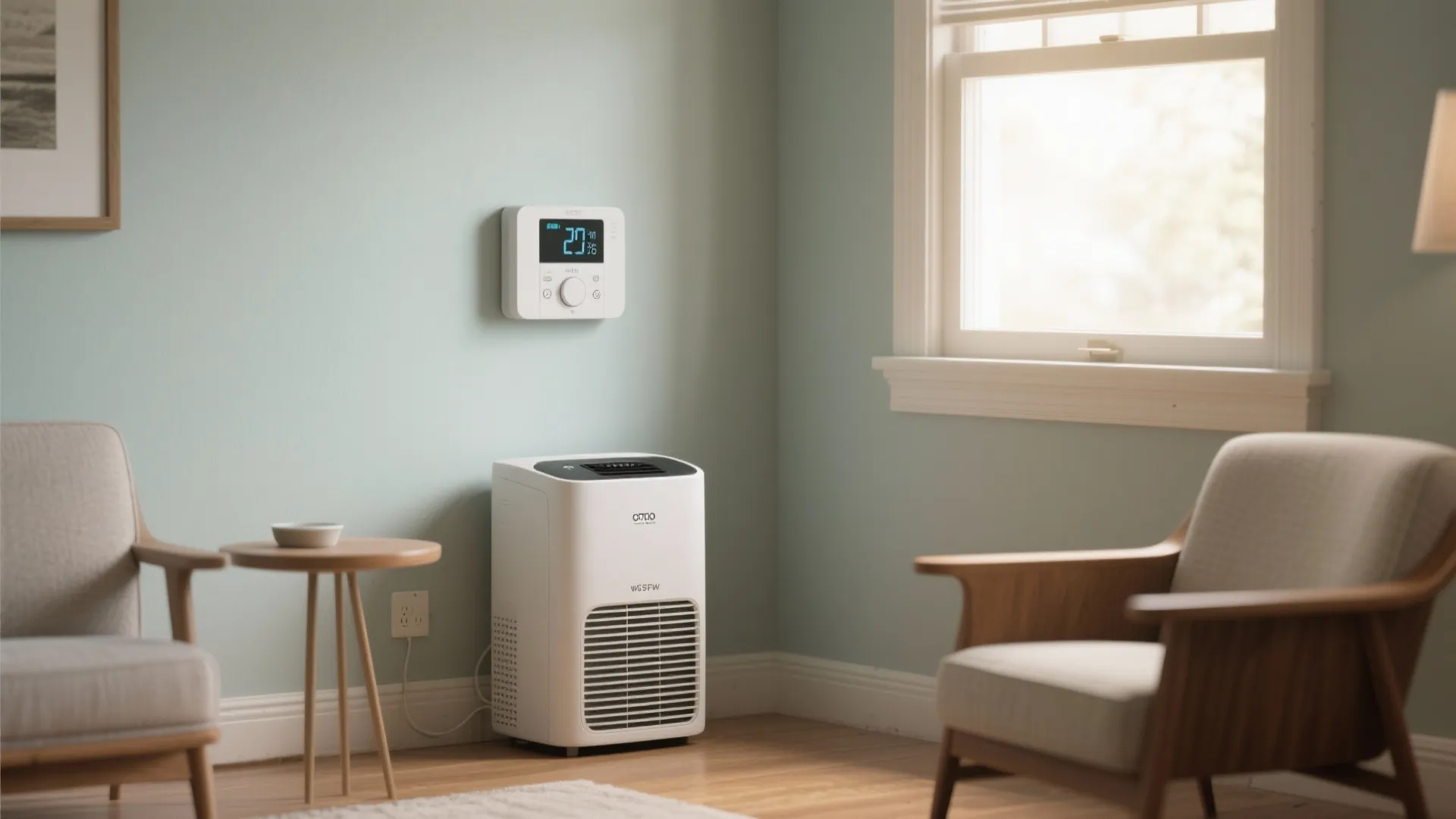 White air purifier and wall thermostat in a bright living room with chairs and window