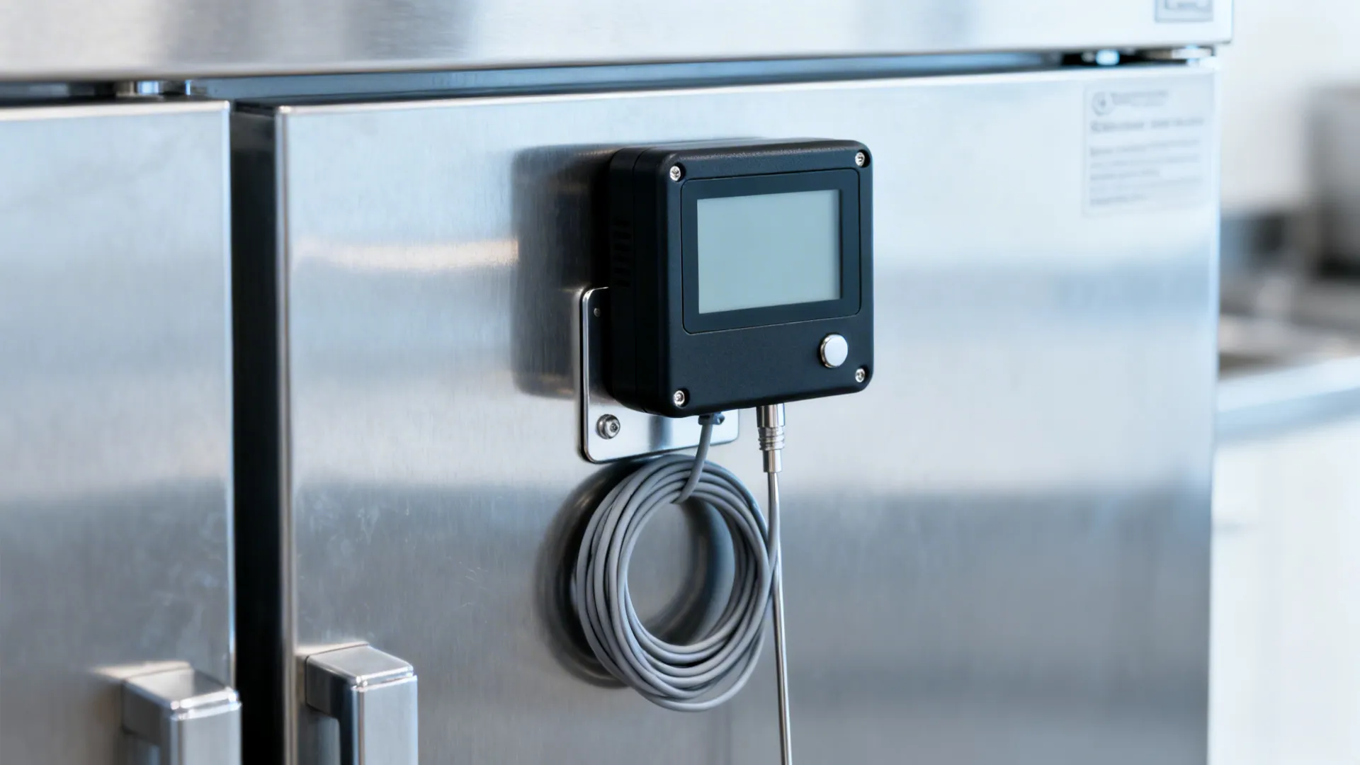 Macro of a temperature data logger mounted by a stainless undercounter refrigerator.