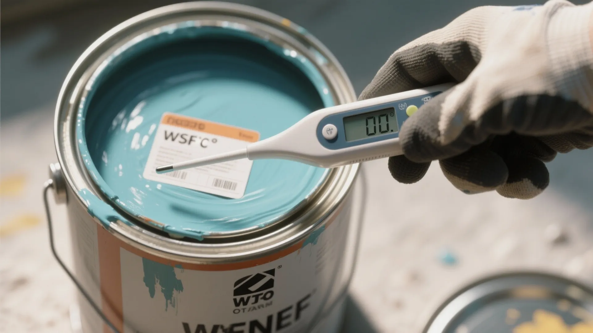 Gloved hand holding digital thermometer to measure blue paint temperature inside an open metal can