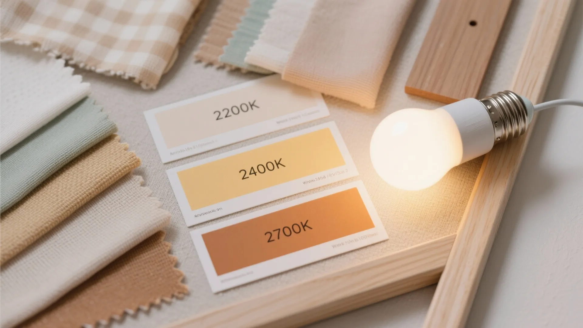Flatlay of warm light temperature swatches (2200K–2700K) with fabric and trim samples.