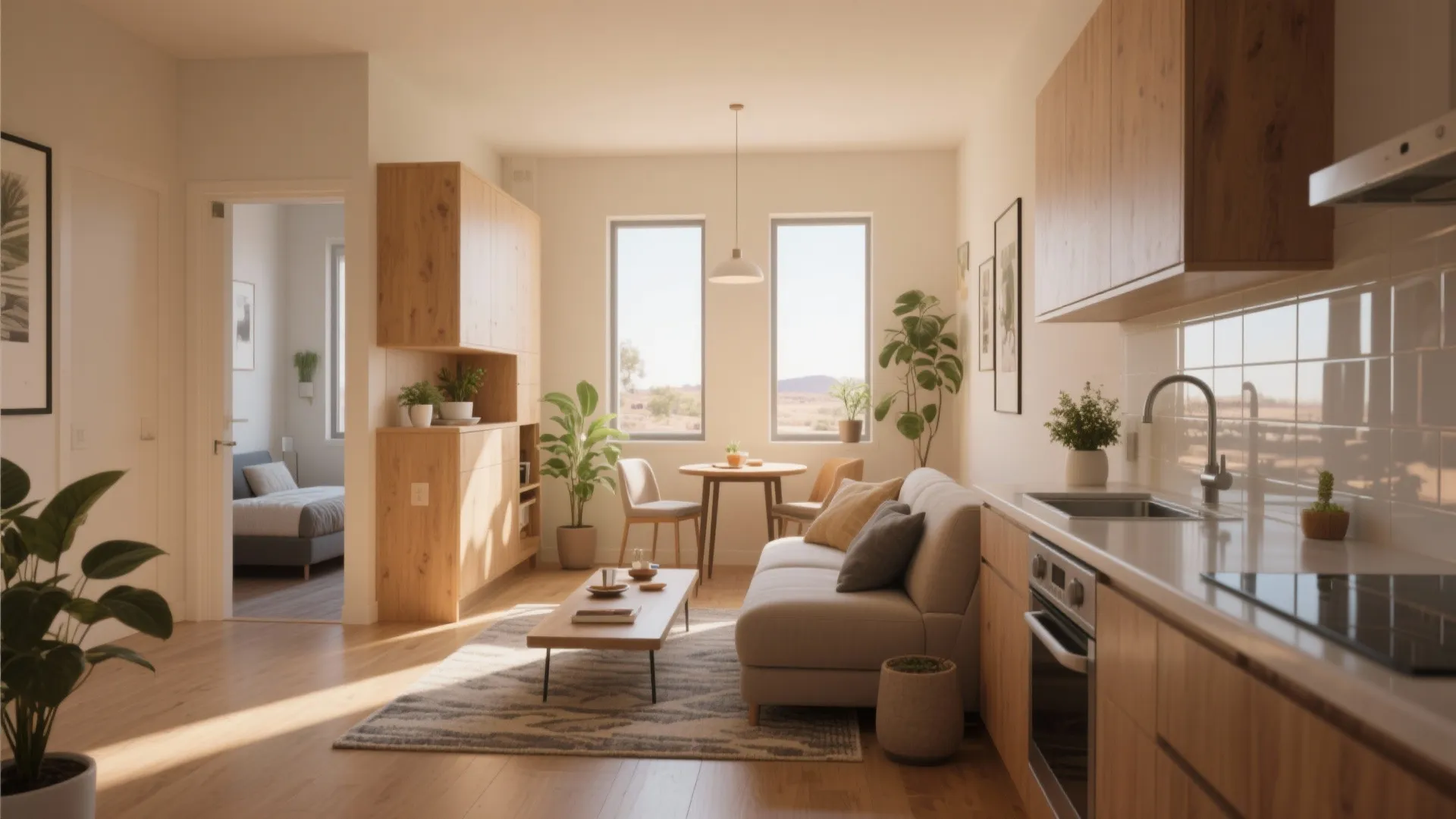 Modern open plan living room and kitchen featuring wooden cabinets sofa small table and natural light